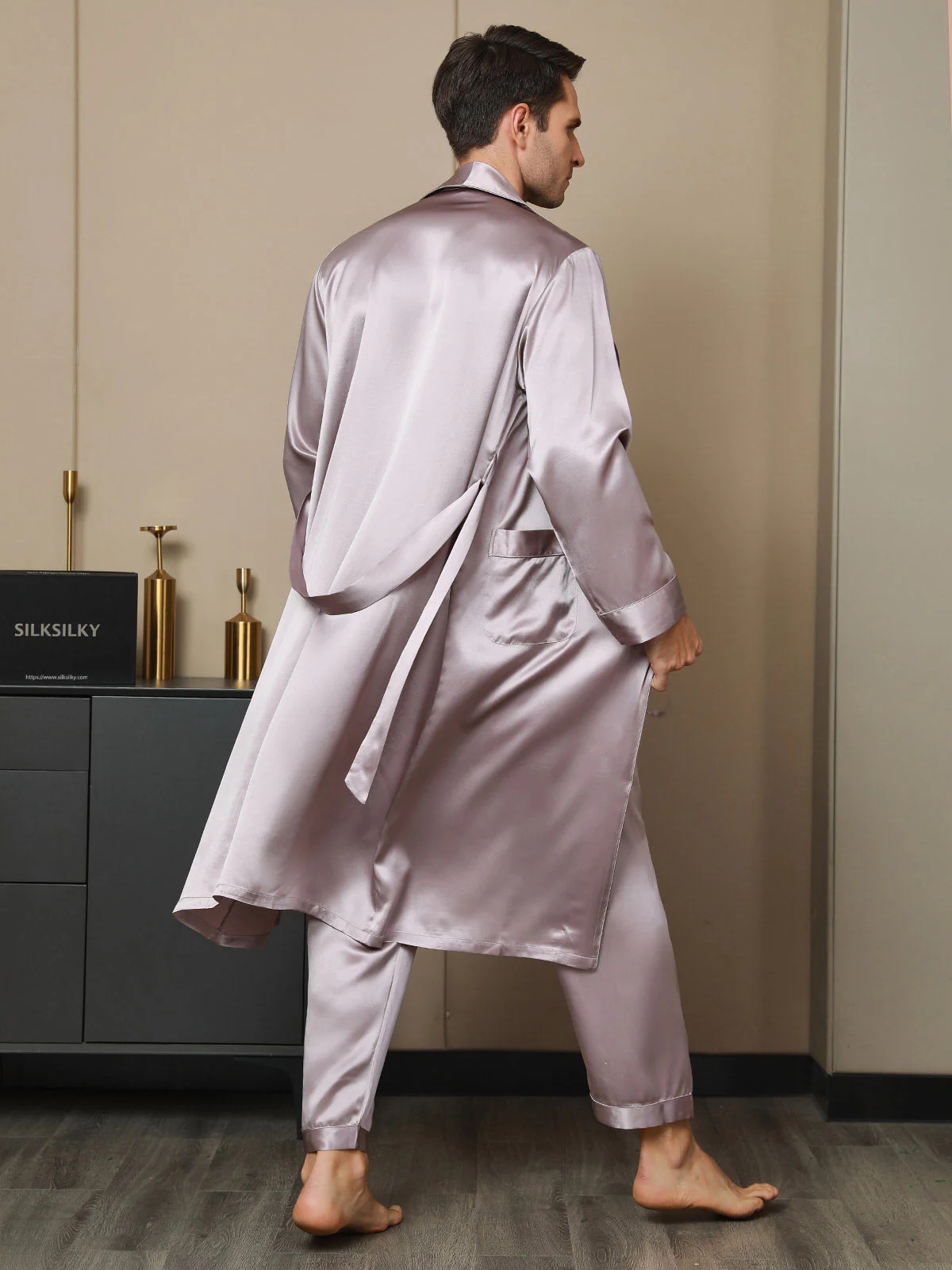 Pure Silk Lapel Collar Belted Dressing Gowns (Without Pants) - Image 14