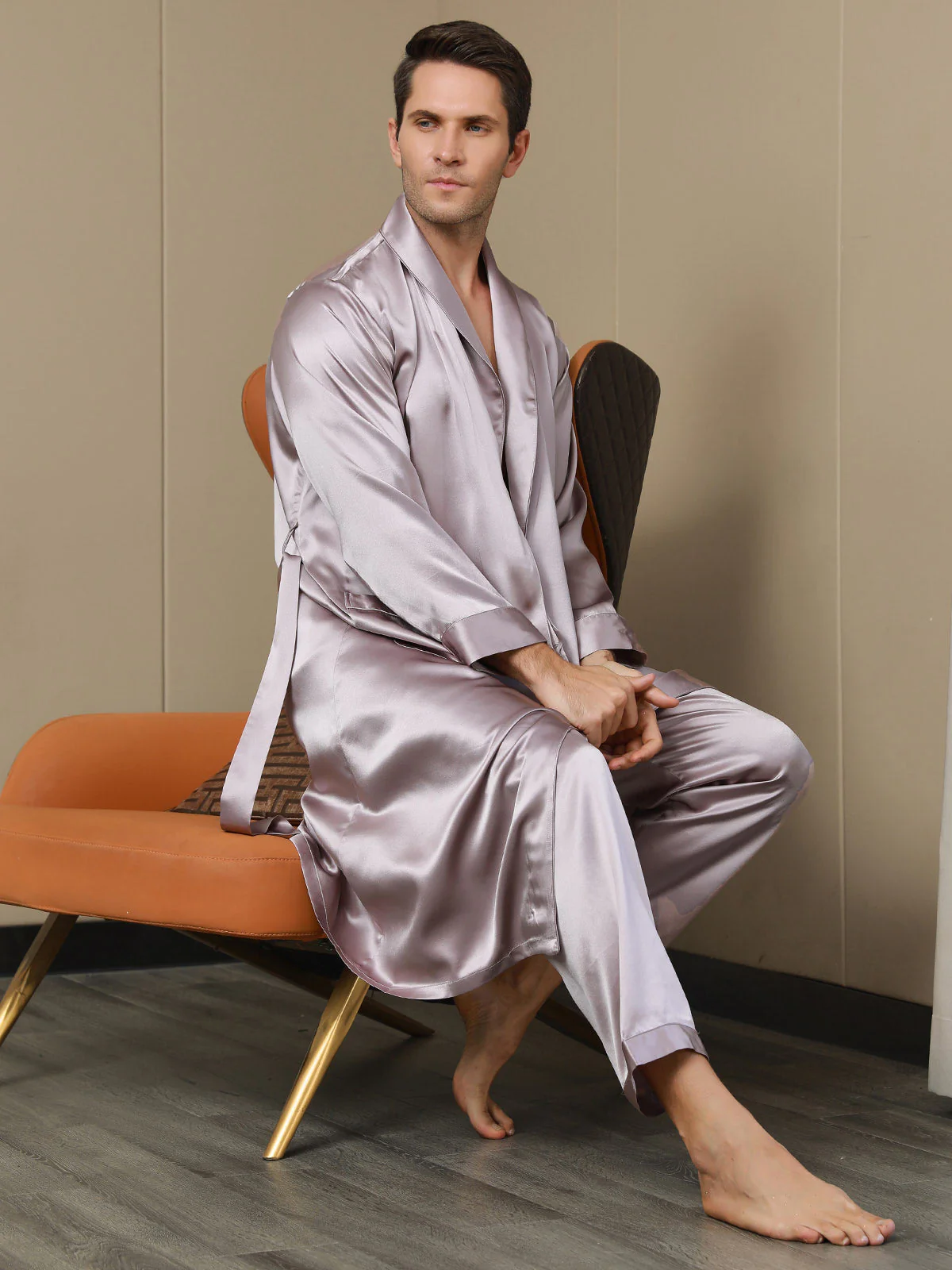 Pure Silk Lapel Collar Belted Dressing Gowns (Without Pants) - Image 15