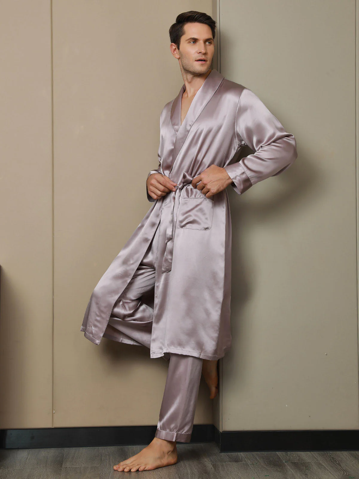 Pure Silk Lapel Collar Belted Dressing Gowns (Without Pants) - Image 18