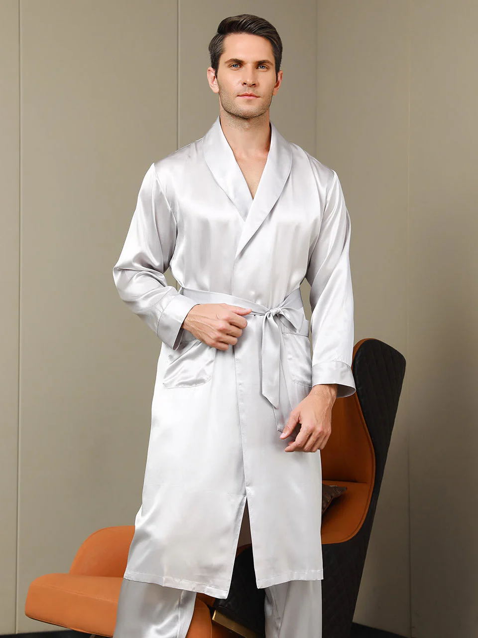 Pure Silk Lapel Collar Belted Dressing Gowns (Without Pants) - Image 19
