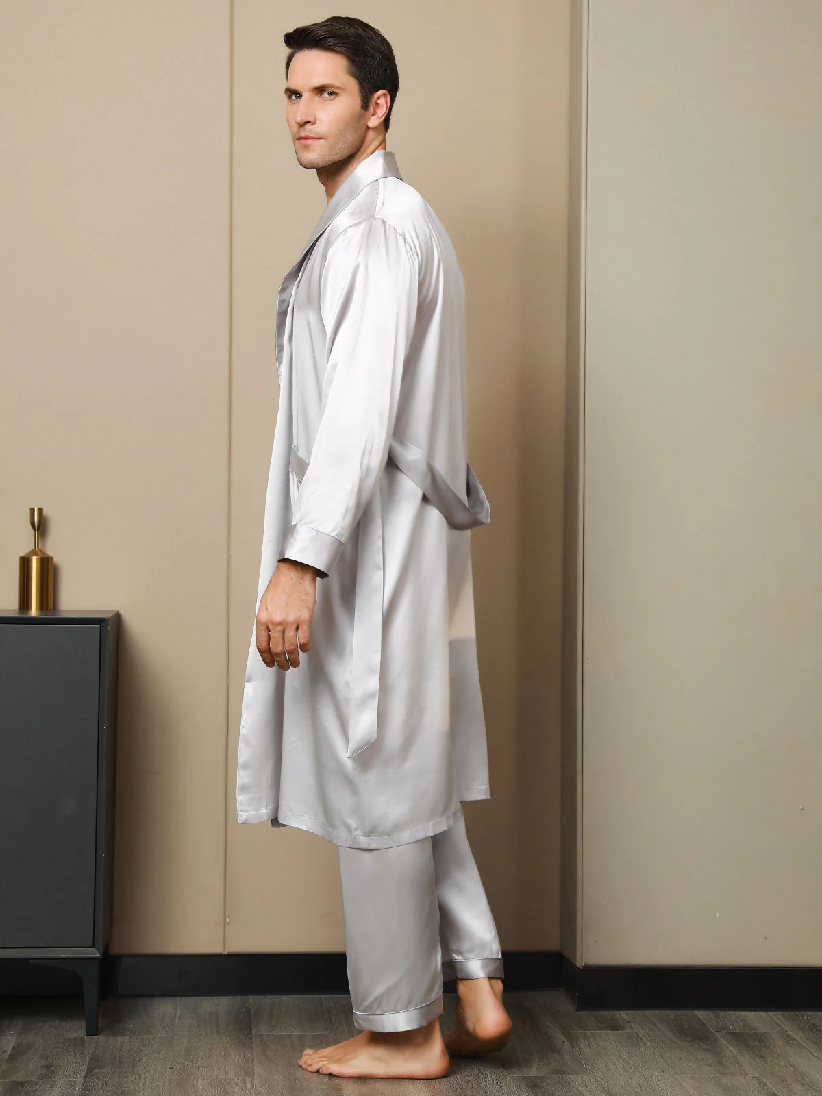 Pure Silk Lapel Collar Belted Dressing Gowns (Without Pants) - Image 20