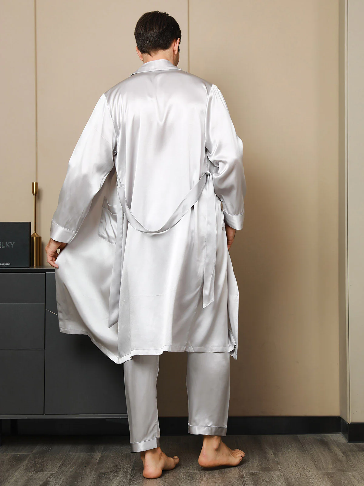 Pure Silk Lapel Collar Belted Dressing Gowns (Without Pants) - Image 21