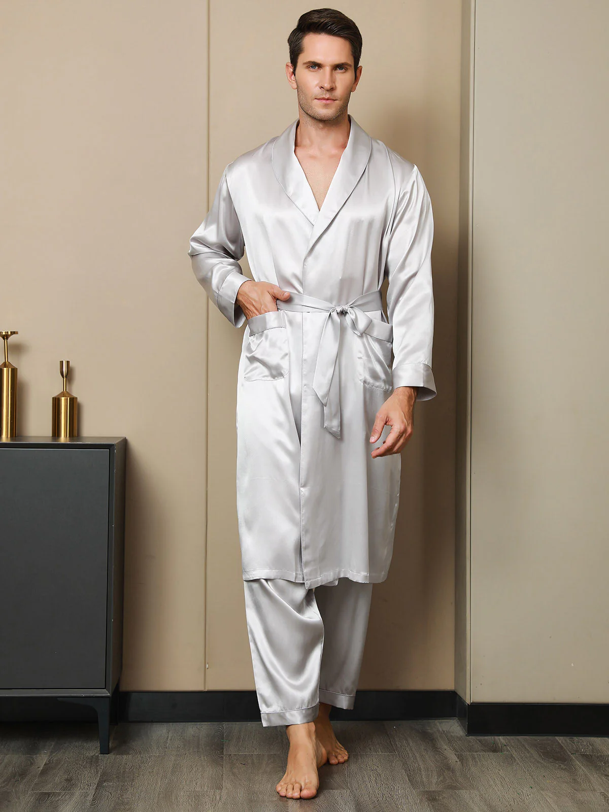 Pure Silk Lapel Collar Belted Dressing Gowns (Without Pants) - Image 24