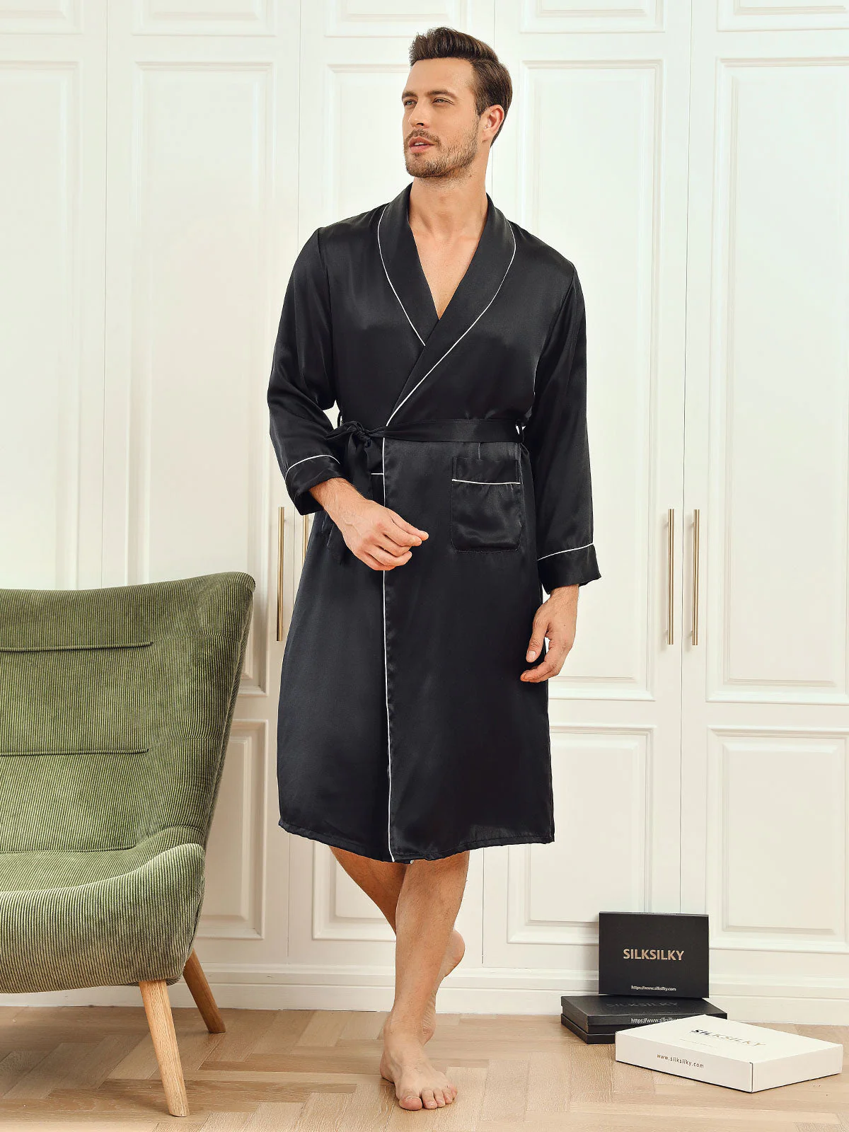 Pure Silk Lapel Collar Belted Dressing Gowns (Without Pants) - Image 3