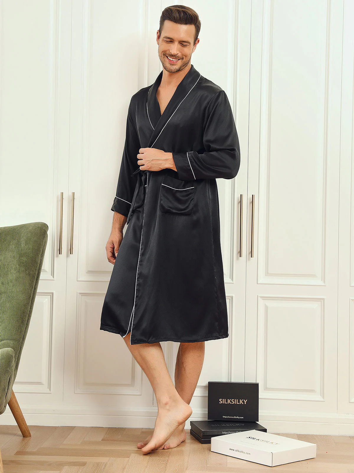 Pure Silk Lapel Collar Belted Dressing Gowns (Without Pants) - Image 4