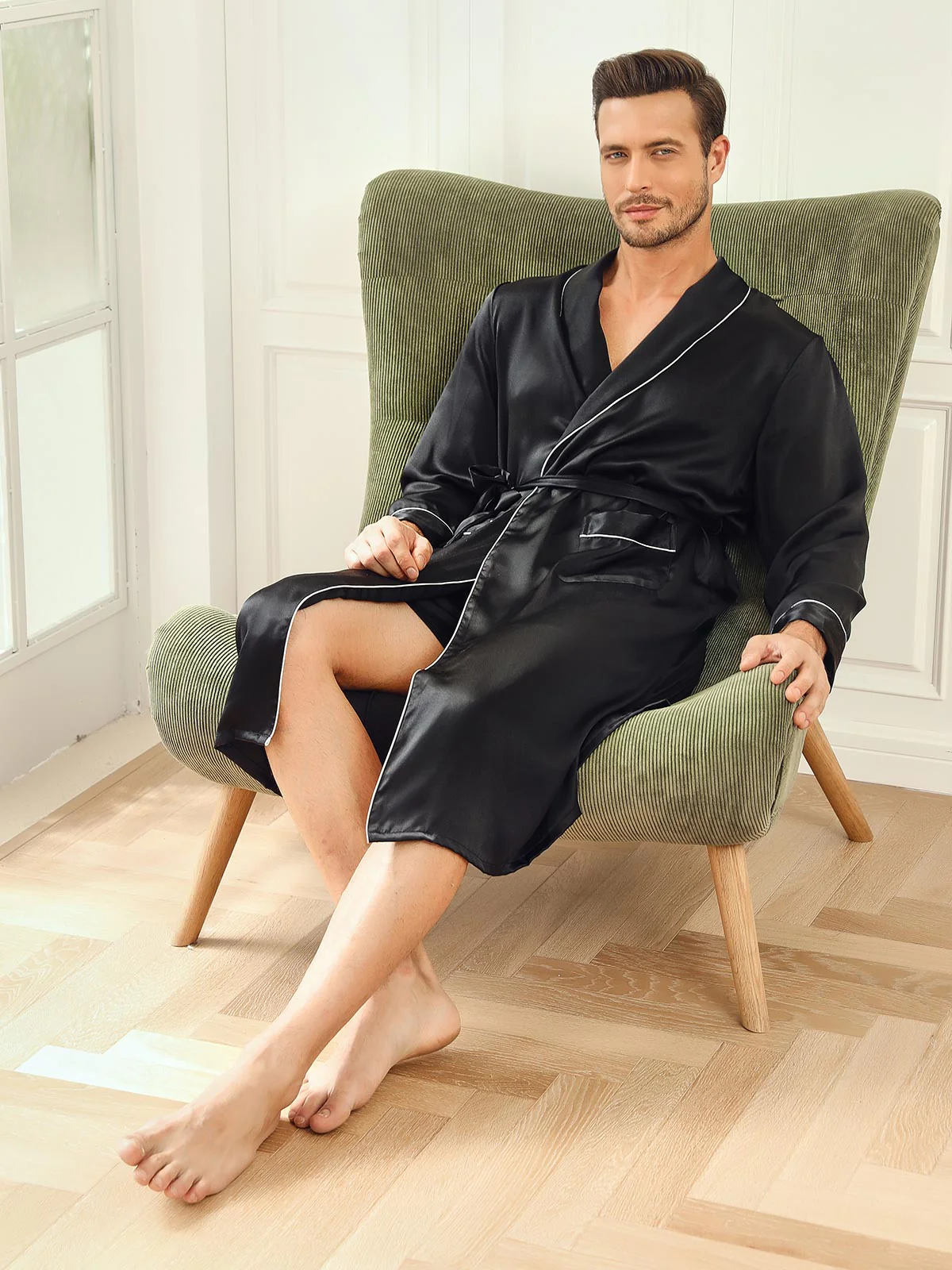Pure Silk Lapel Collar Belted Dressing Gowns (Without Pants) - Image 6