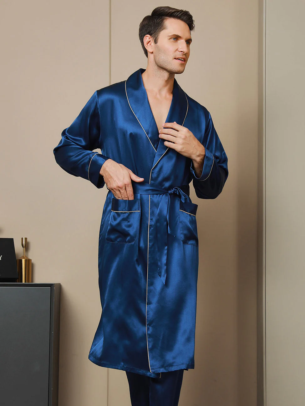 Pure Silk Lapel Collar Belted Dressing Gowns (Without Pants) - Image 7