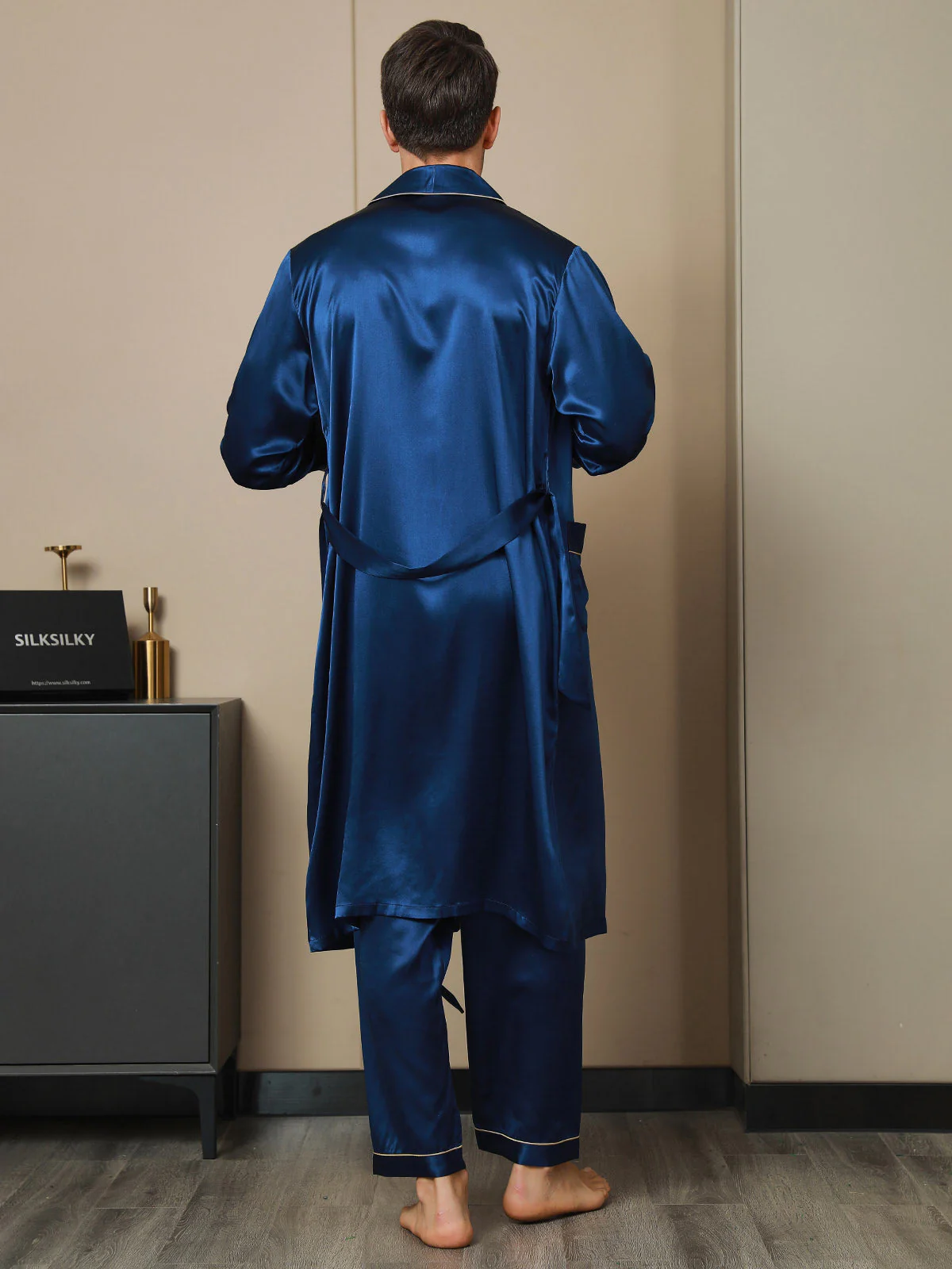 Pure Silk Lapel Collar Belted Dressing Gowns (Without Pants) - Image 8