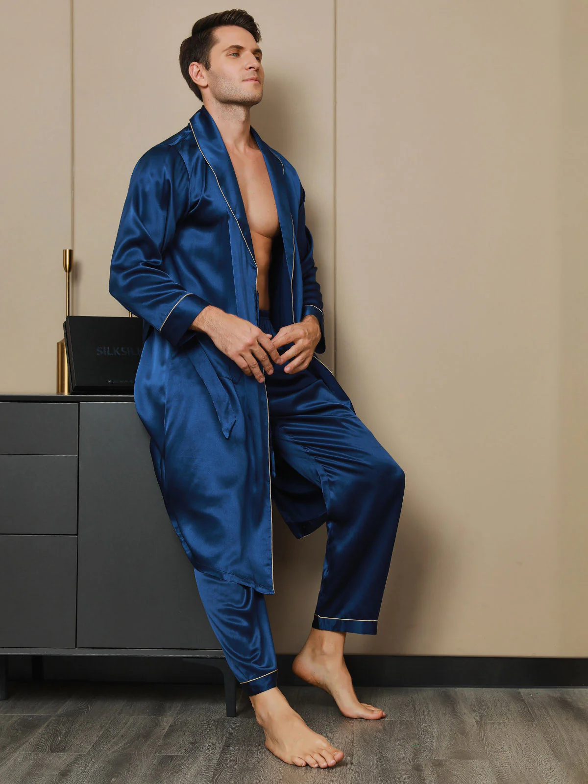 Pure Silk Lapel Collar Belted Dressing Gowns (Without Pants) - Image 9