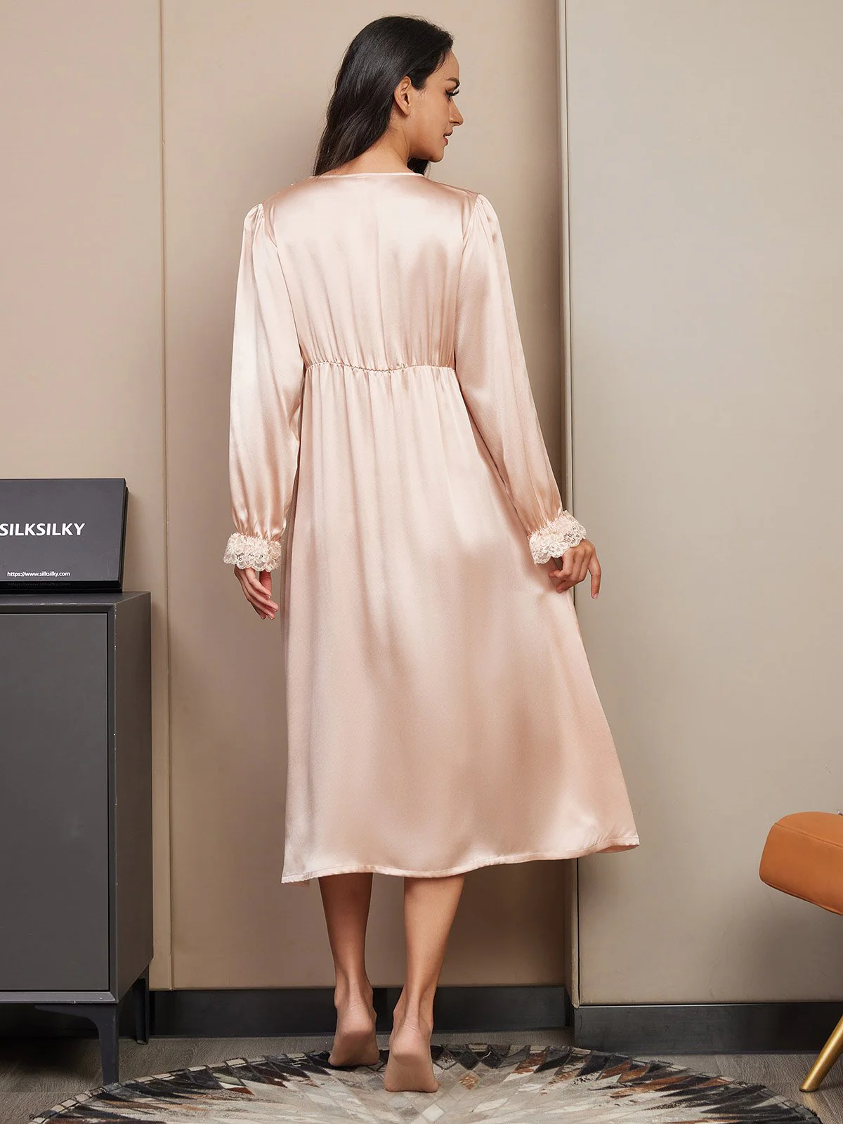 Pure Silk Long Sleeve V-neck Midi Nightdress with Lace Design - Image 2