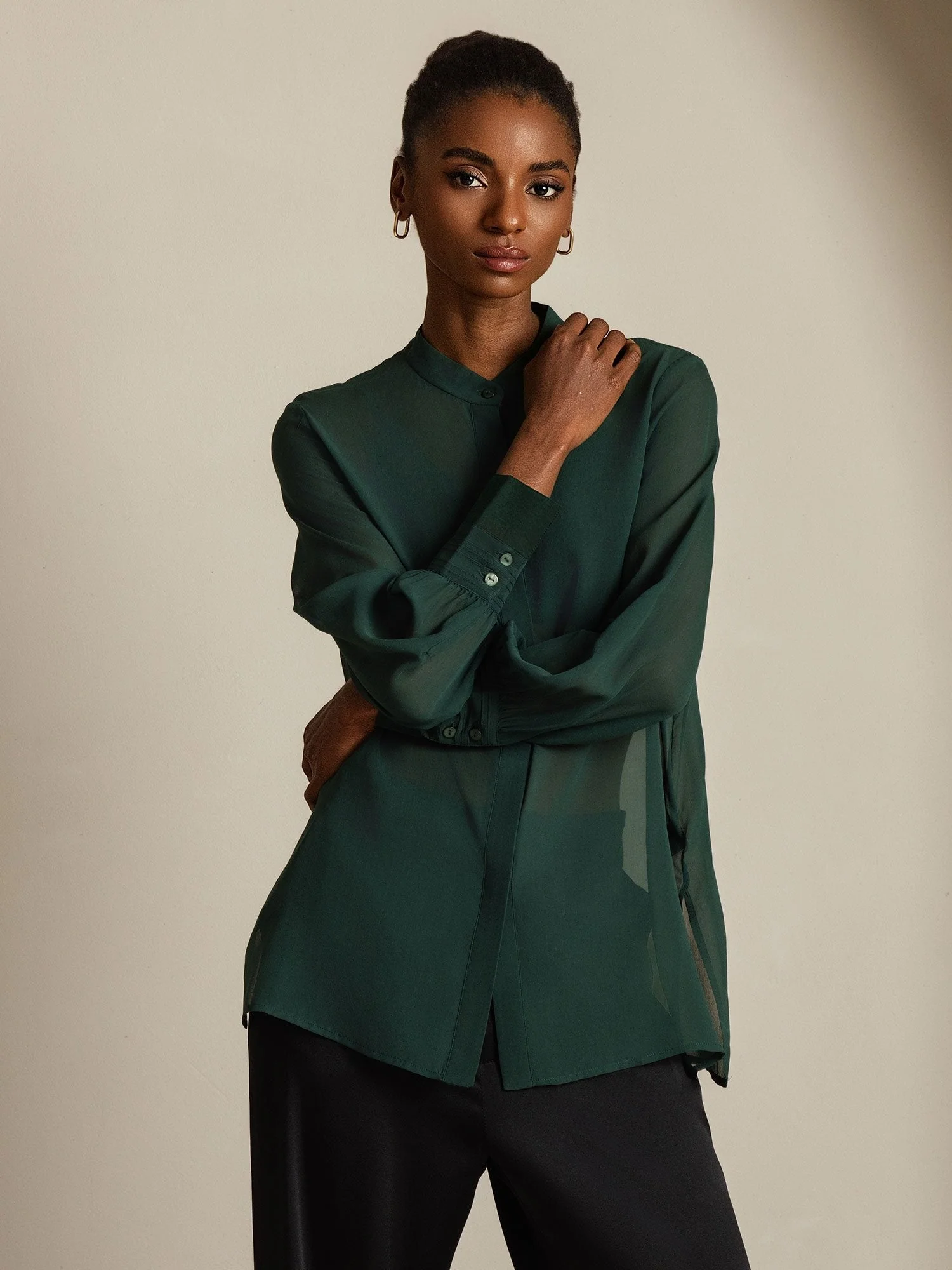 Pure Silk Long Sleeve Split Sheer Blouse - Image 12