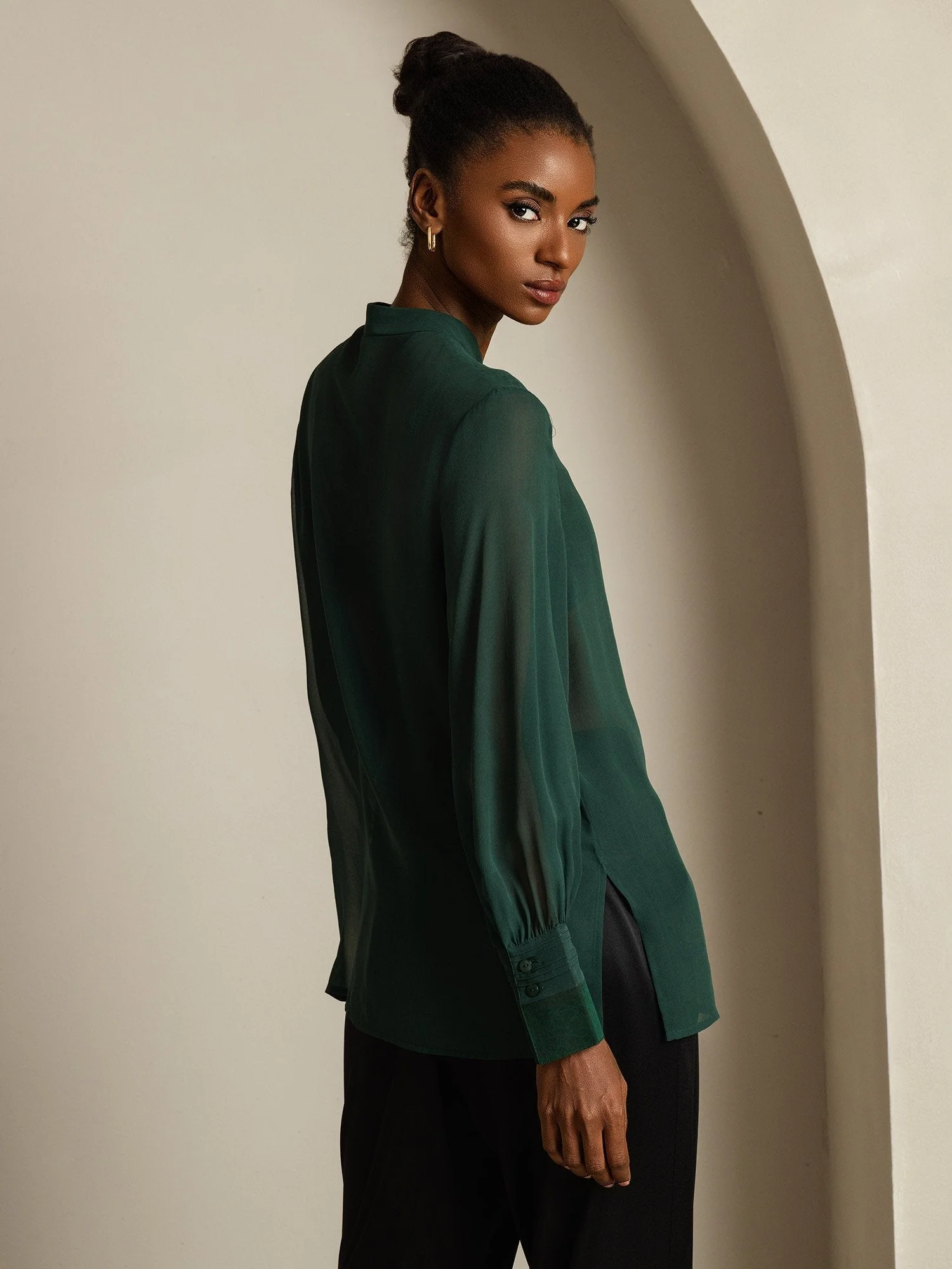Pure Silk Long Sleeve Split Sheer Blouse - Image 15