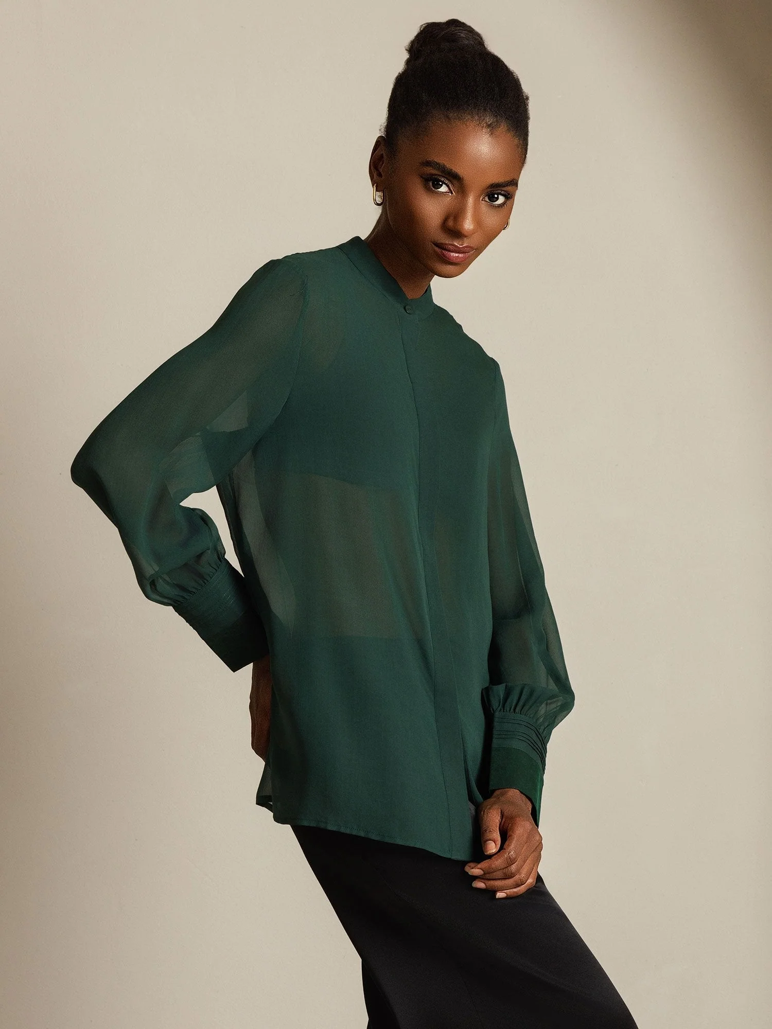 Pure Silk Long Sleeve Split Sheer Blouse - Image 16
