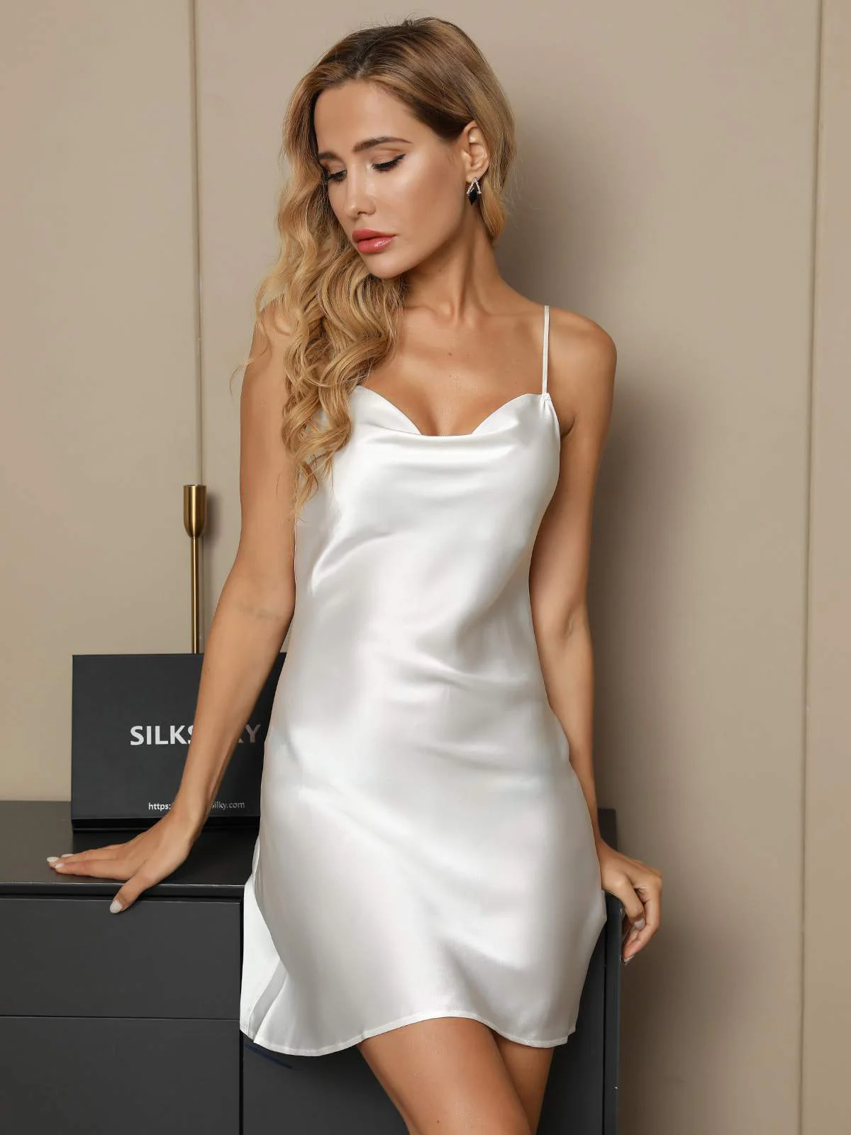 Pure Silk Spaghetti Strap Cowl Neck Short Nightdress - Image 3