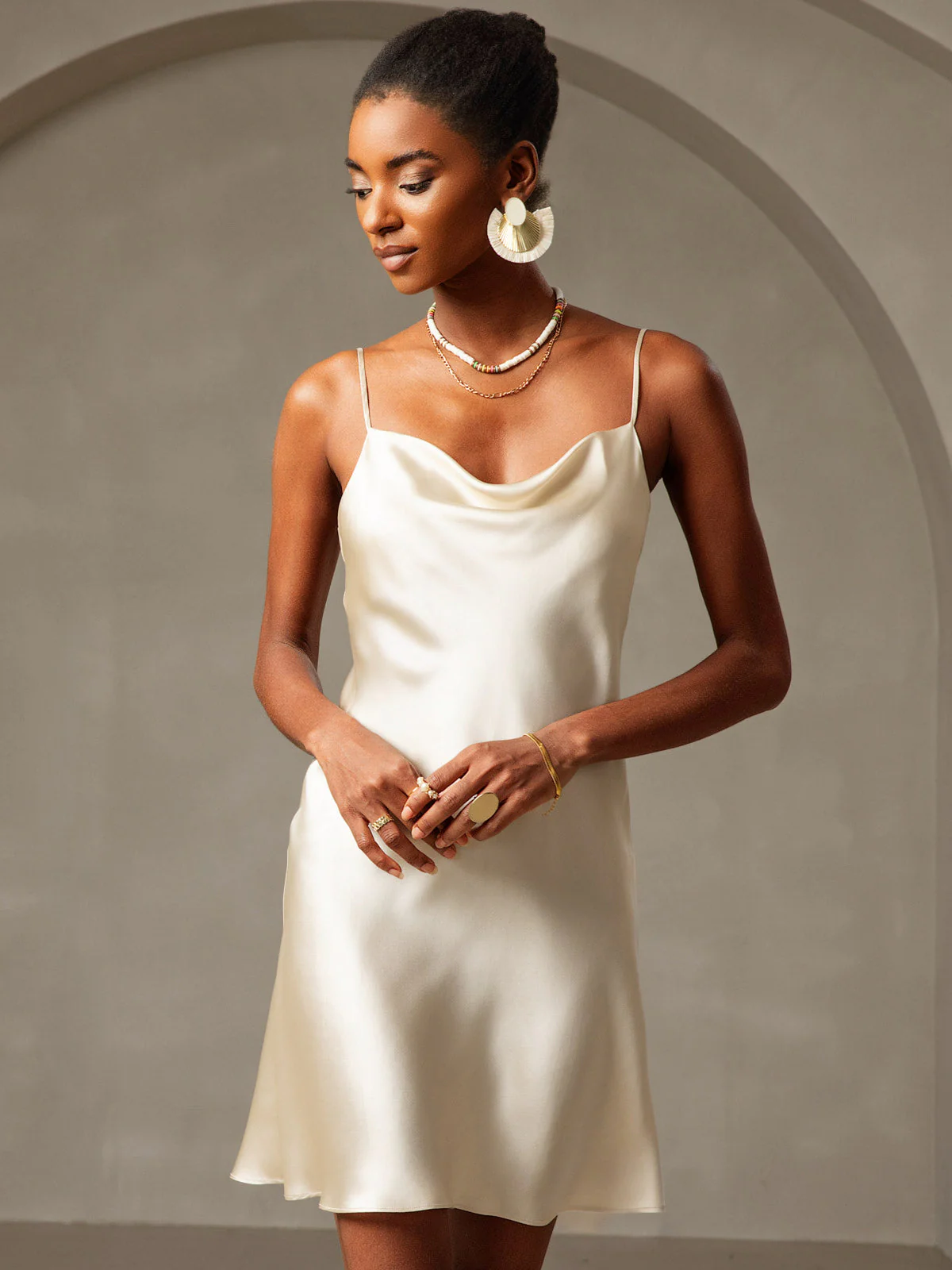 Pure Silk Spaghetti Strap Cowl Neck Short Dress - Image 25
