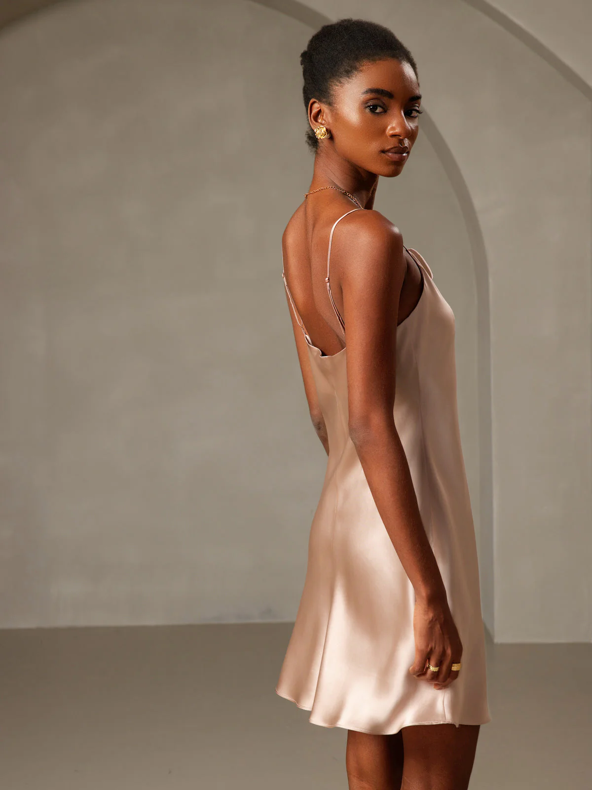 Pure Silk Spaghetti Strap Cowl Neck Short Dress - Image 37