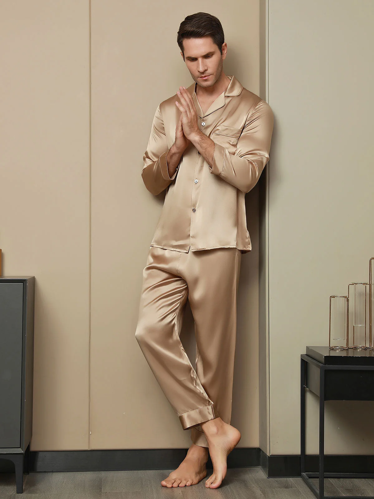 Men's Pure Silk Long Sleeve Notch Collar Pyjamas Set - Image 10