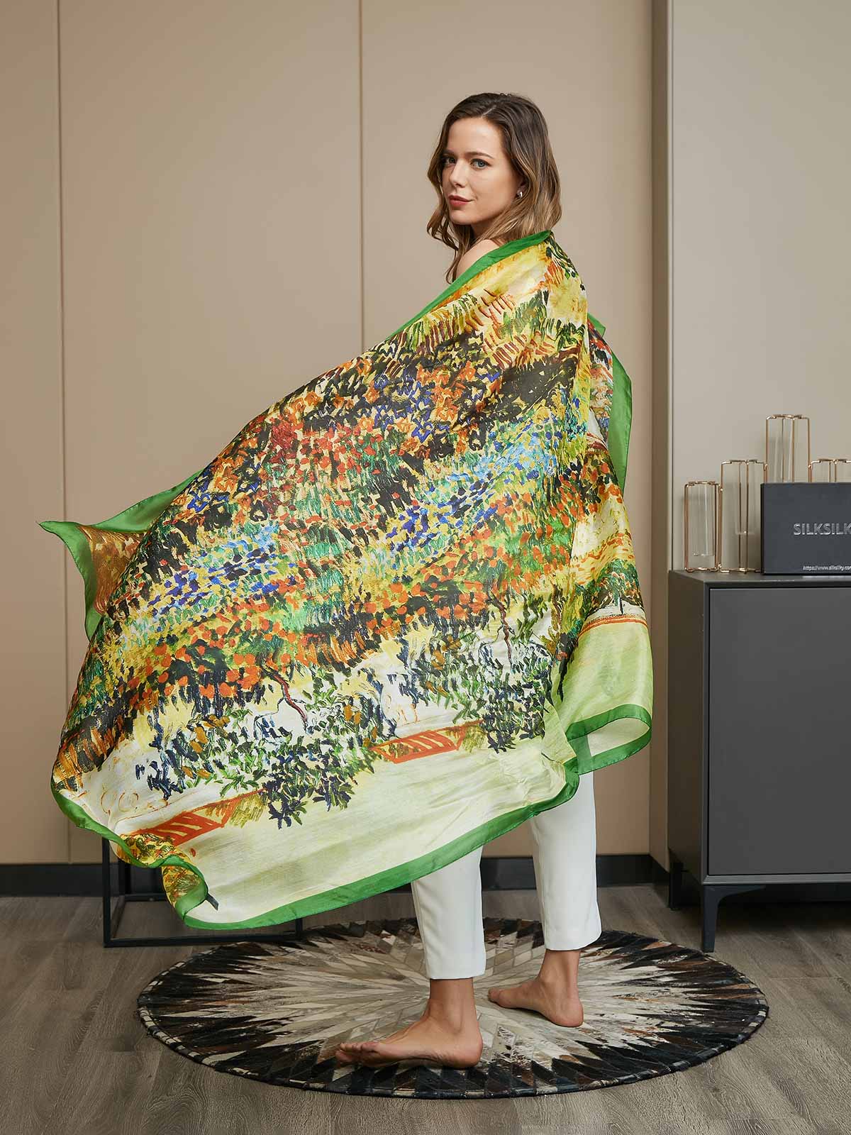 Pure Silk Oil Painting Rectangle Scarf / Shawl 175x105cm - Image 4