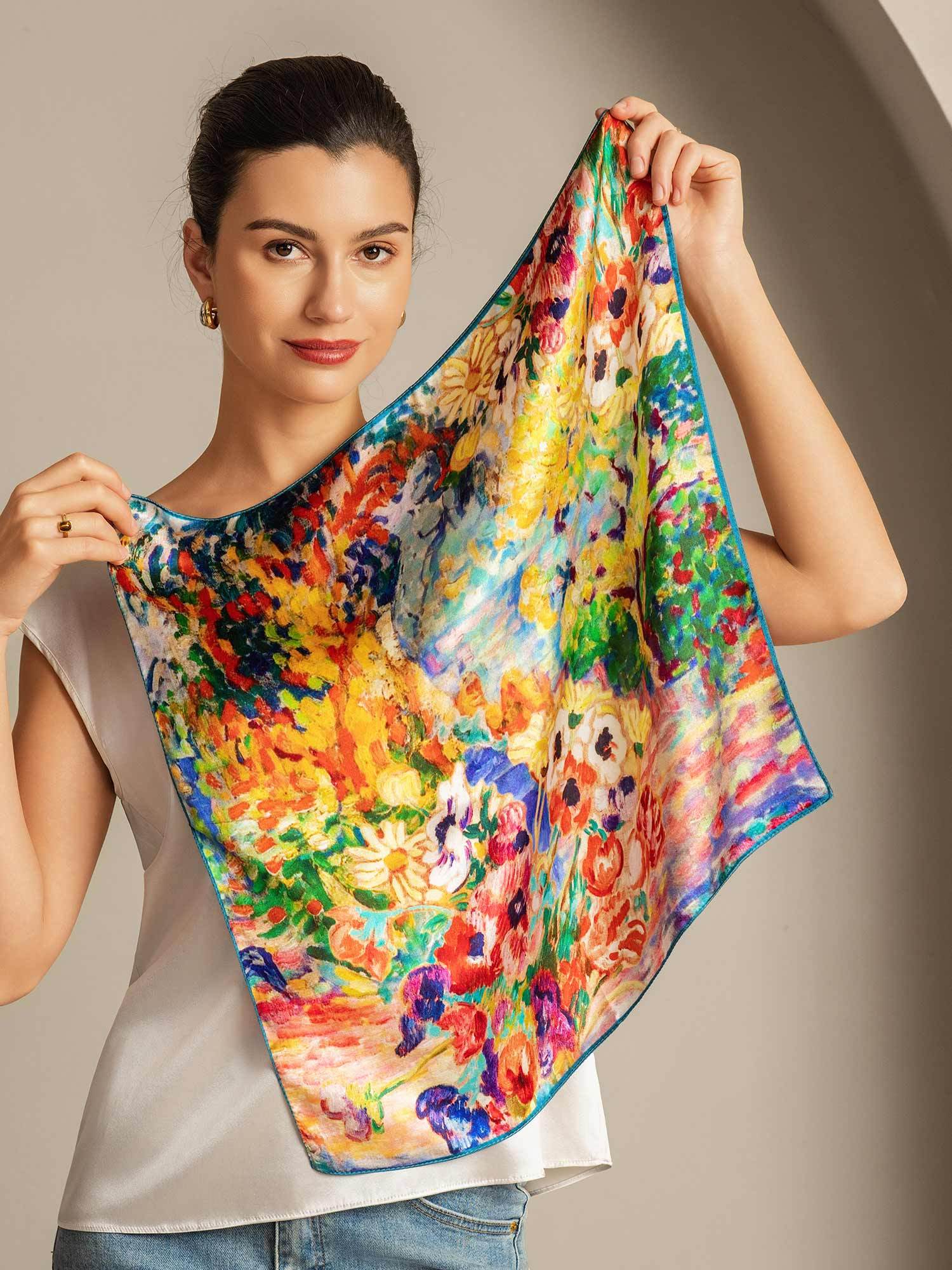 Pure Silk Oil Painting Square Scarf - Size 53x53cm - Image 2