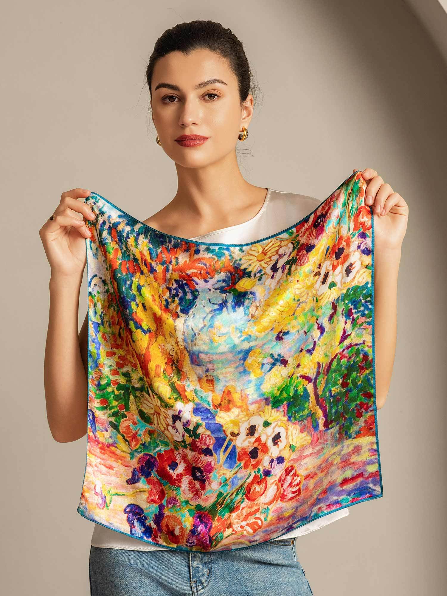 Pure Silk Oil Painting Square Scarf - Size 53x53cm - Image 3
