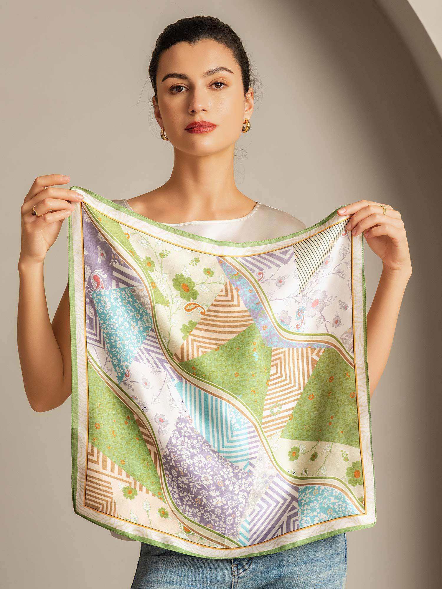 Pure Silk Pattern Stitching Square Scarf - Size 53x53cm - Image 4