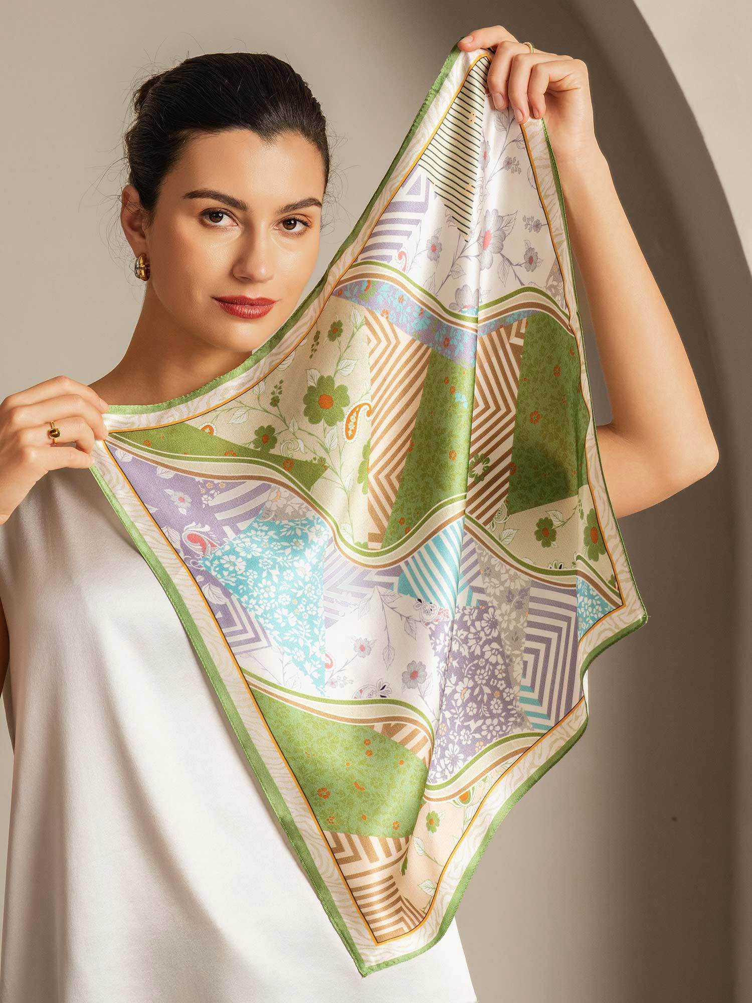 Pure Silk Pattern Stitching Square Scarf - Size 53x53cm - Image 5