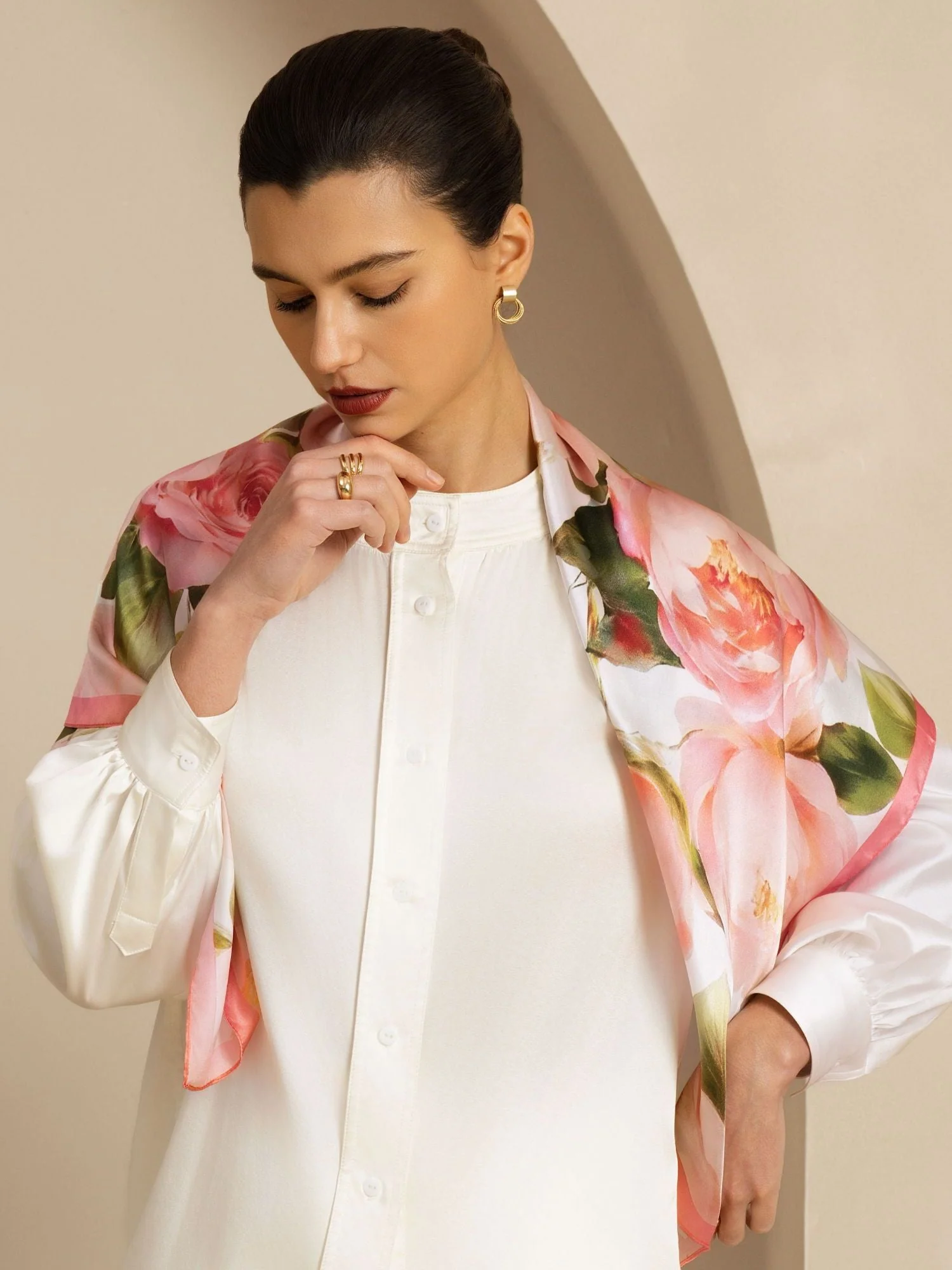 Pure Silk Pink Floral Print Square Scarf - Size 90x90cm - Image 4