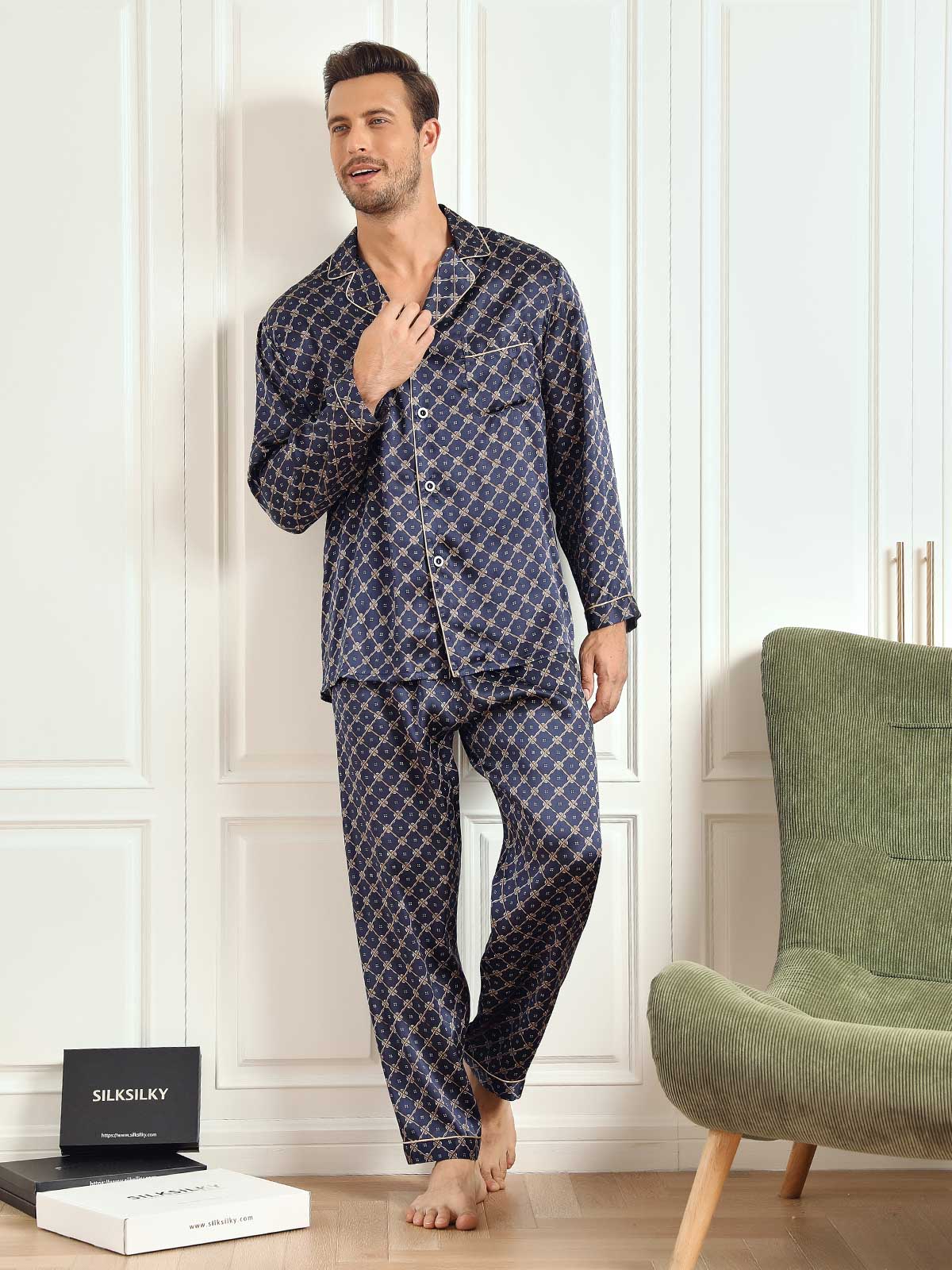 Pure Silk Navy Chain Print Long Sleeve Men's Pajamas Set With Pants - Image 11