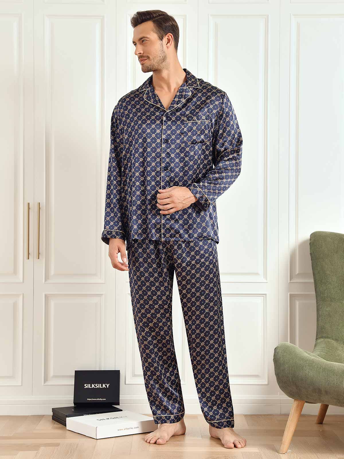 Pure Silk Navy Chain Print Long Sleeve Men's Pajamas Set With Pants - Image 6