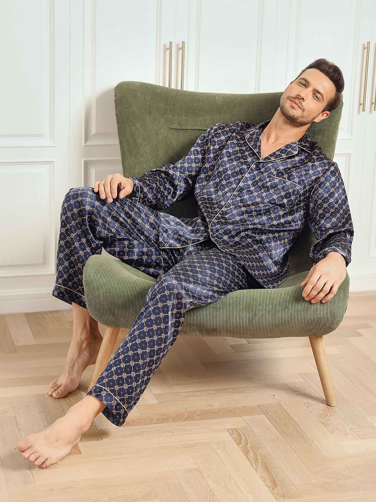 Pure Silk Navy Chain Print Long Sleeve Men's Pajamas Set With Pants - Image 7