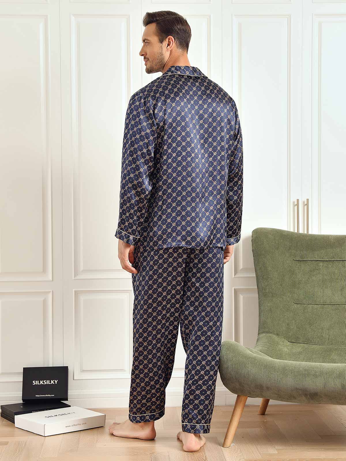 Pure Silk Navy Chain Print Long Sleeve Men's Pajamas Set With Pants - Image 9