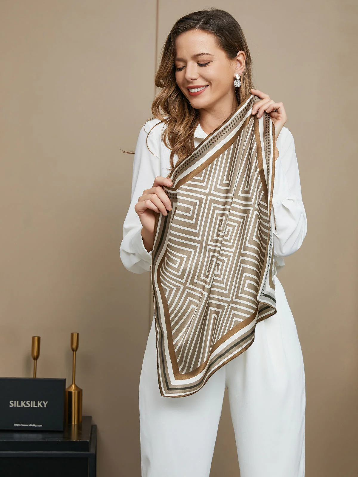 Pure Silk Geometric Pattern Square Scarf 53x53cm - Image 5