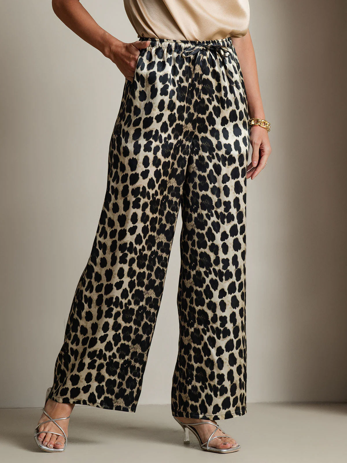 Women's Pure Silk Leopard Print Wide Leg Pants - Image 3