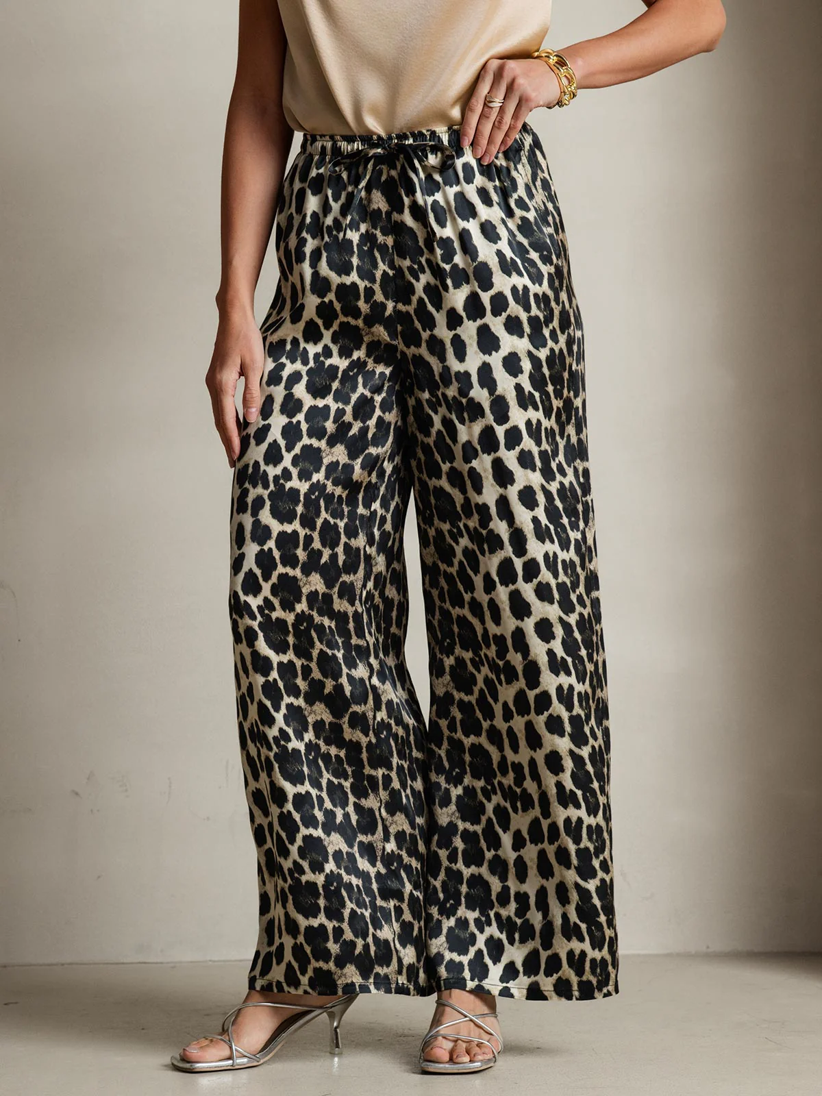 Women's Pure Silk Leopard Print Wide Leg Pants - Image 4