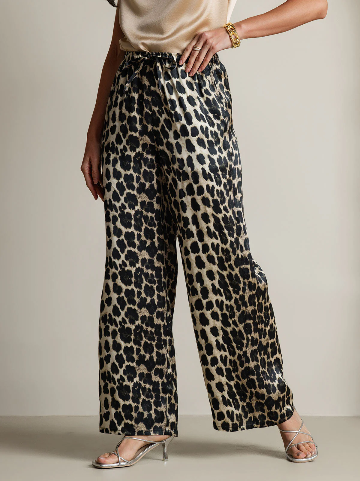 Women's Pure Silk Leopard Print Wide Leg Pants - Image 5