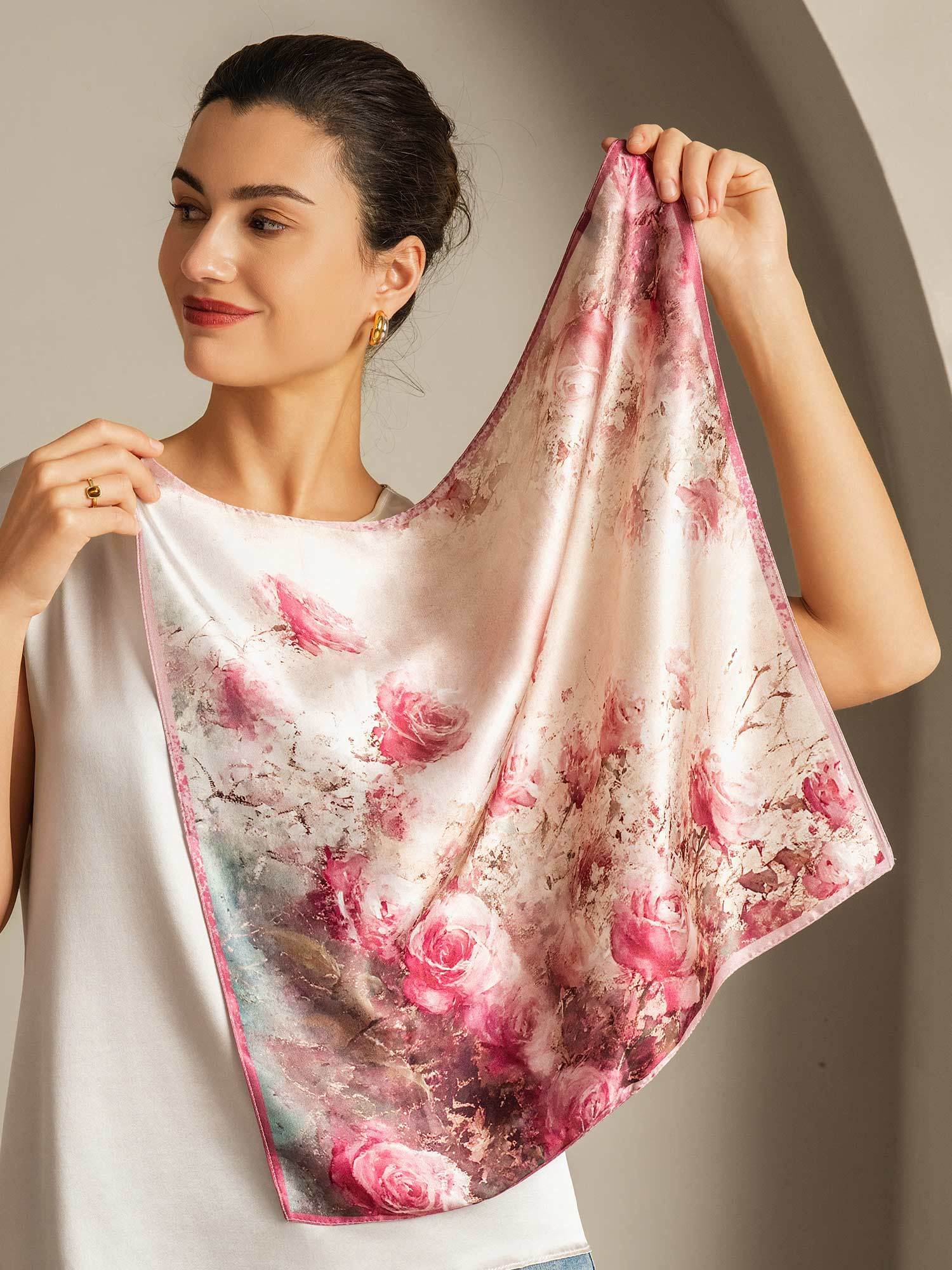 Pure Silk Rose Pattern Square Scarf - Size 53x53cm - Image 2