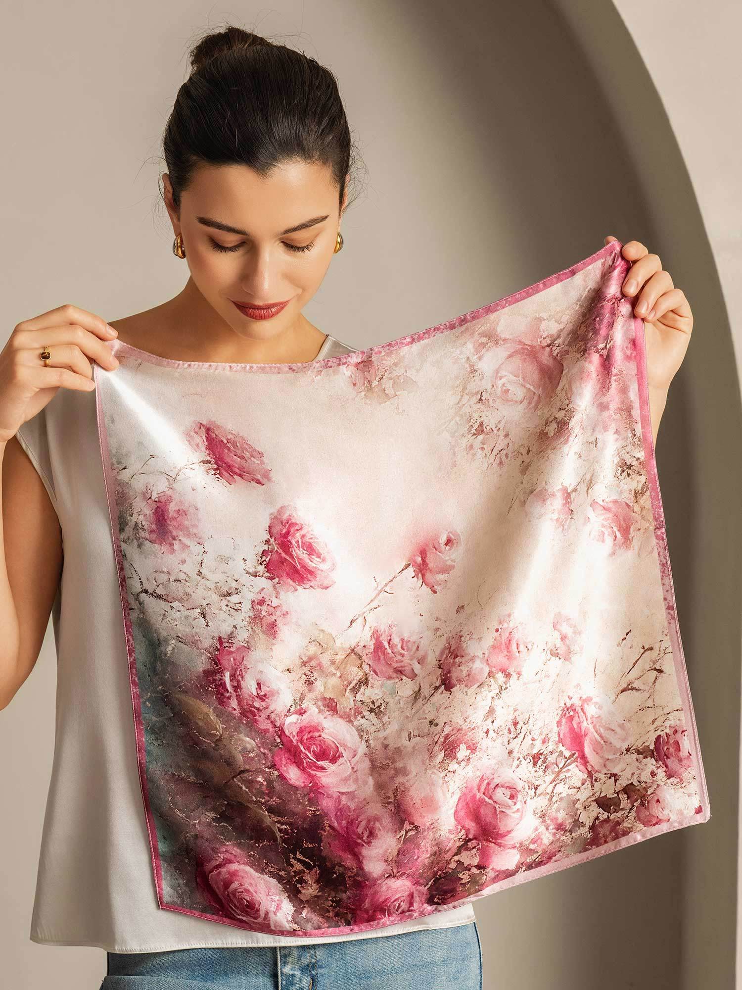 Pure Silk Rose Pattern Square Scarf - Size 53x53cm - Image 3