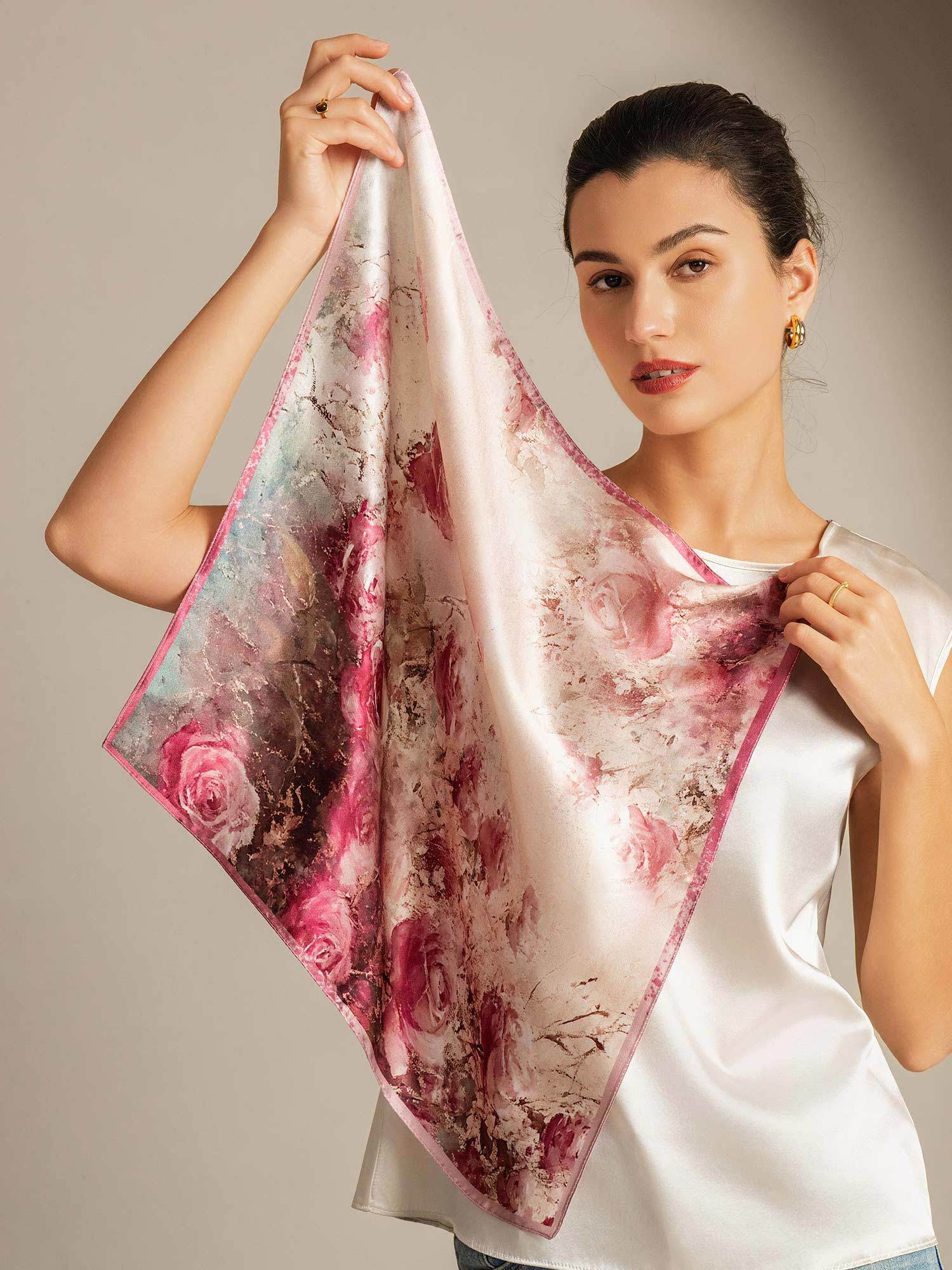 Pure Silk Rose Pattern Square Scarf - Size 53x53cm - Image 4