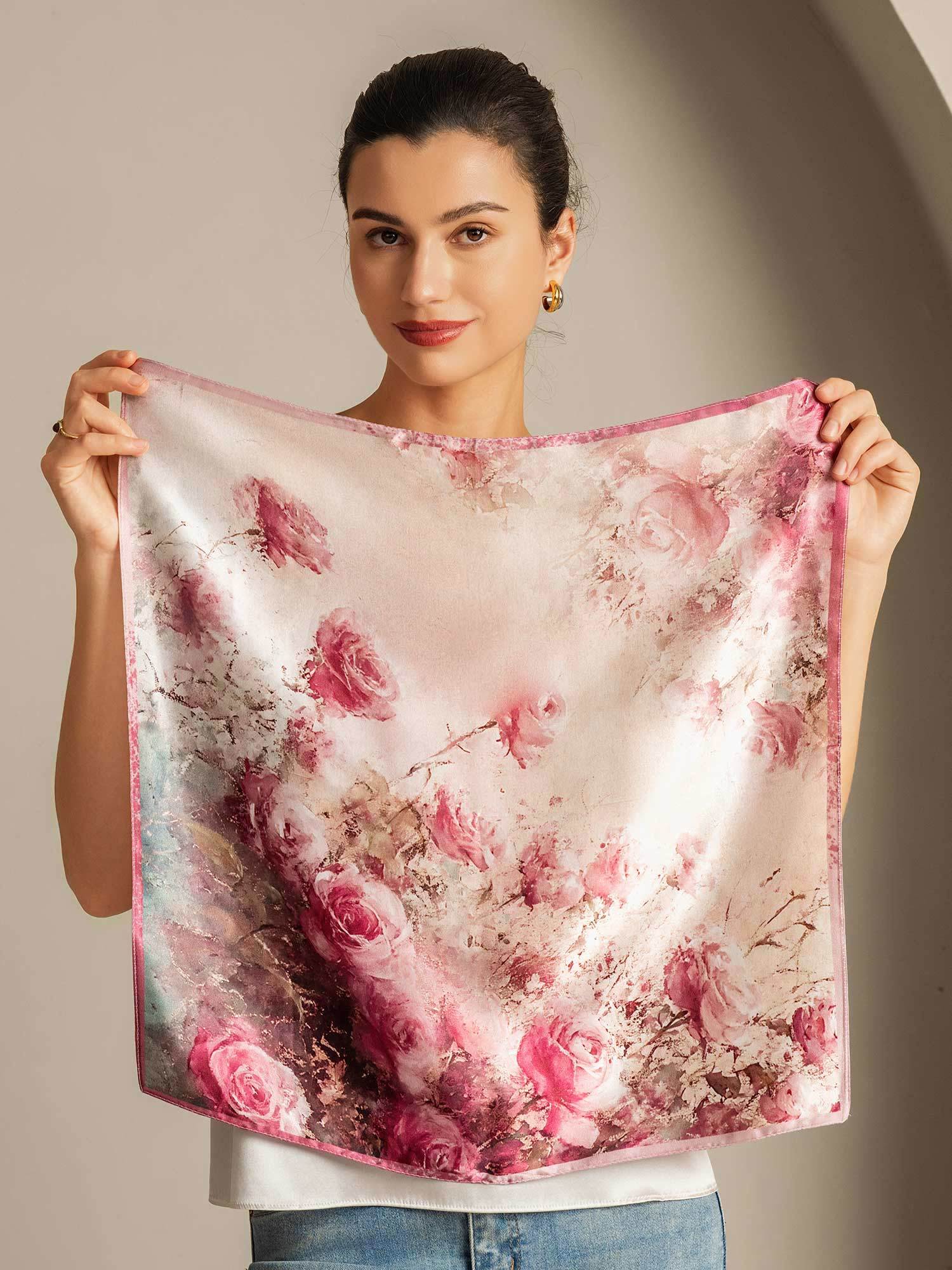 Pure Silk Rose Pattern Square Scarf - Size 53x53cm - Image 6