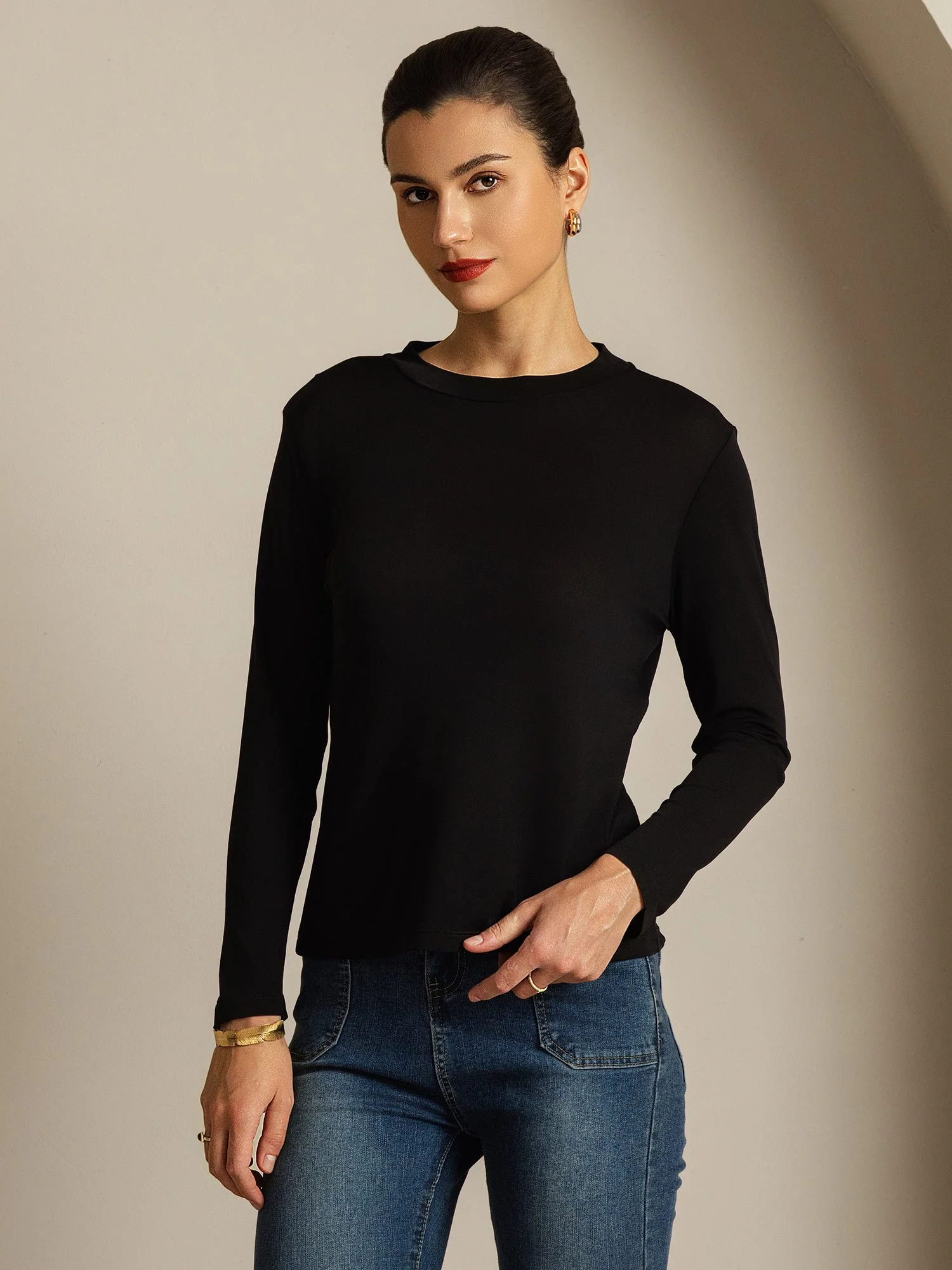 Pure Silk Long Sleeve Round Neck Women's Top - Image 17