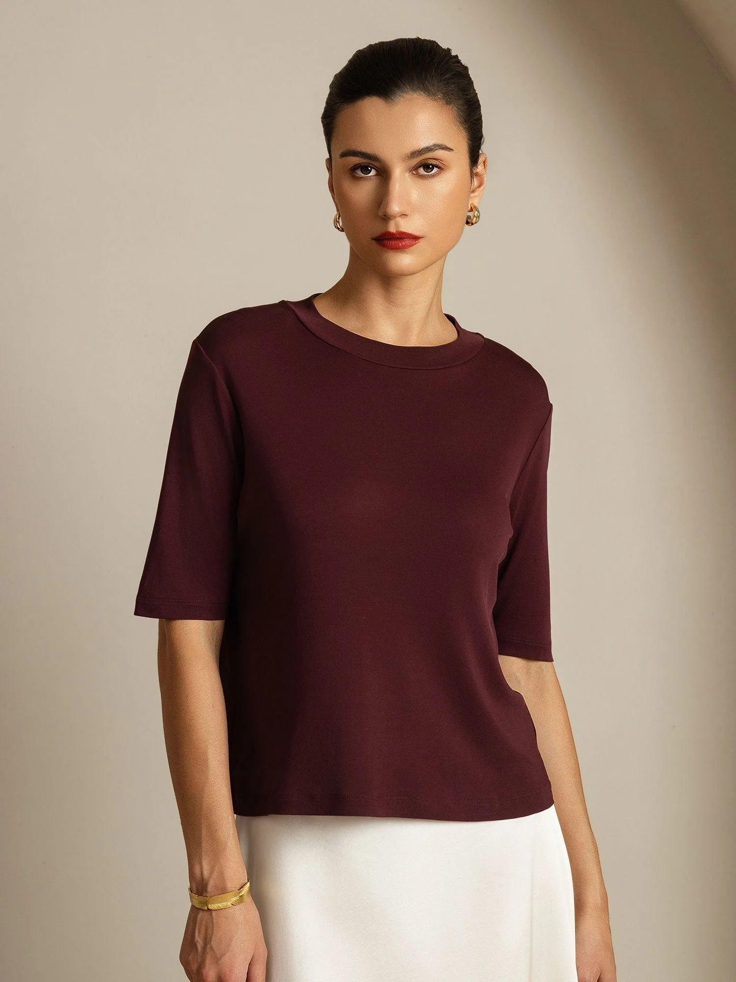 Women's Pure Silk Half Sleeve Round Neck T-Shirt - Image 19