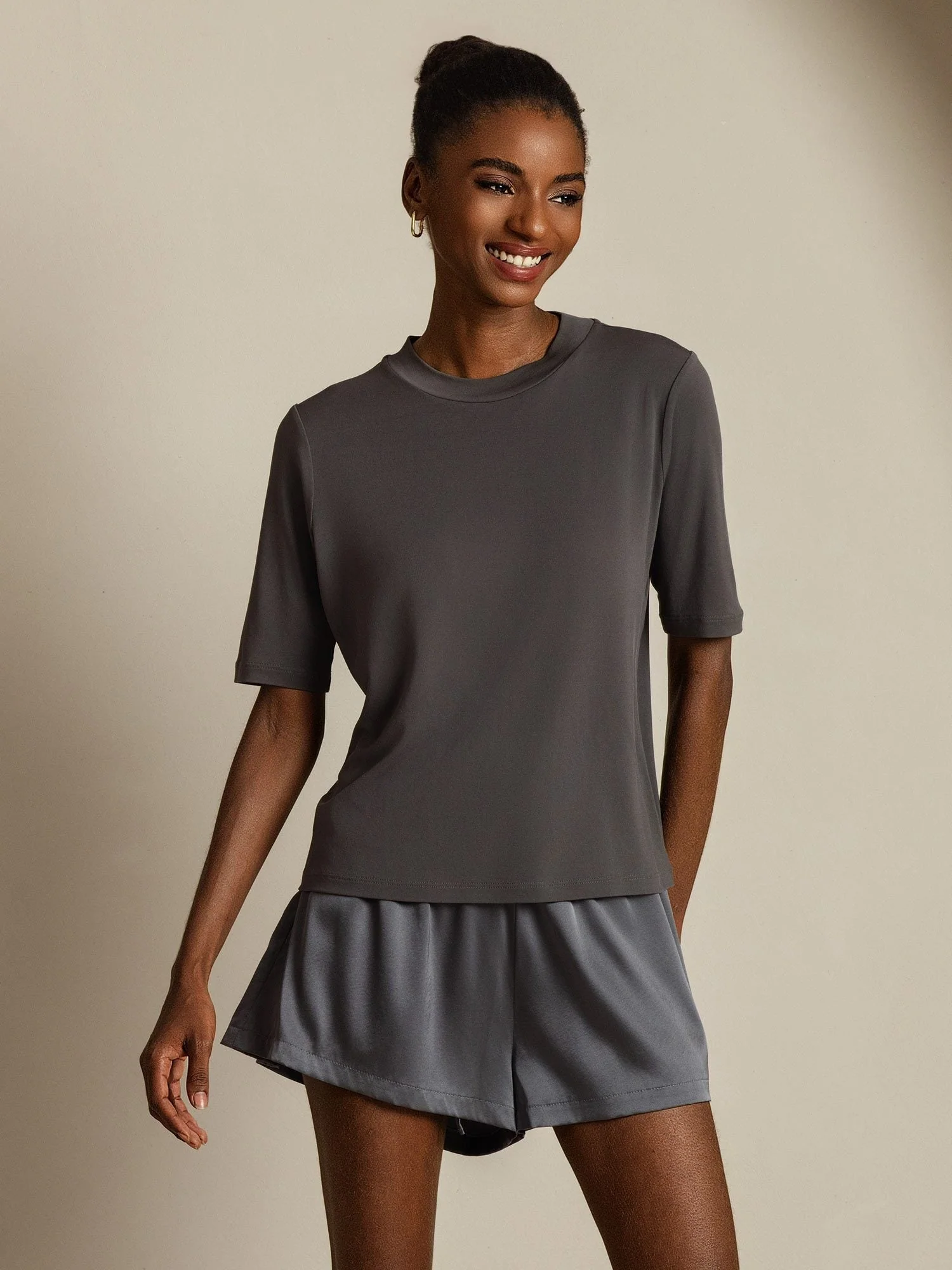 Women's Pure Silk Half Sleeve Round Neck T-Shirt - Image 33