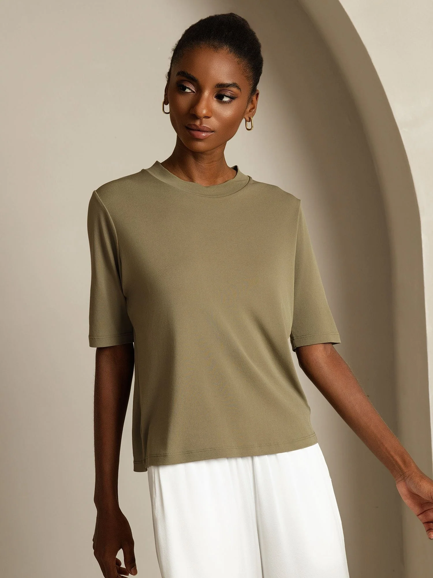 Women's Pure Silk Half Sleeve Round Neck T-Shirt - Image 41