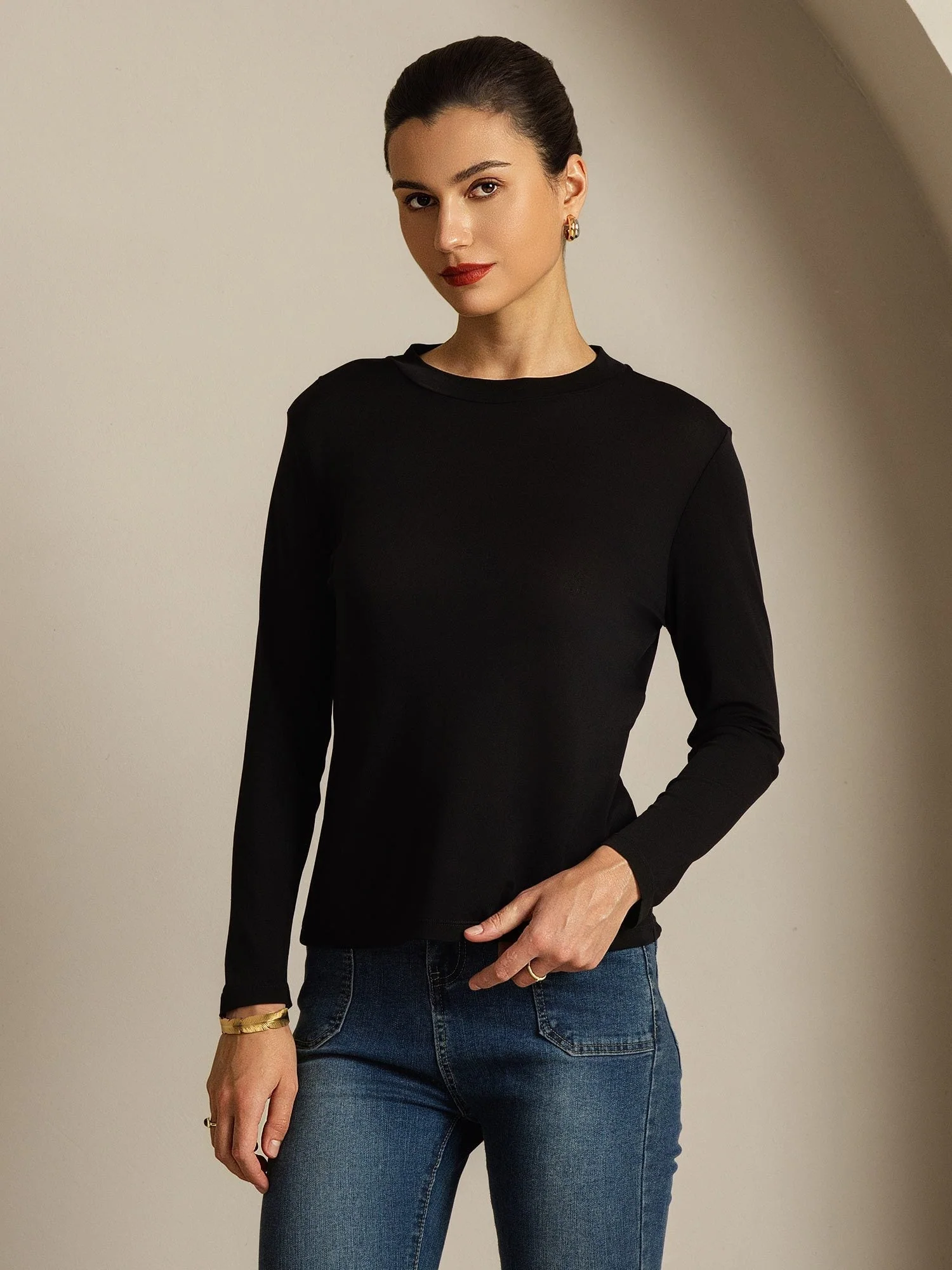Women's Pure Silk Long Sleeve Round Neck Top - Image 10