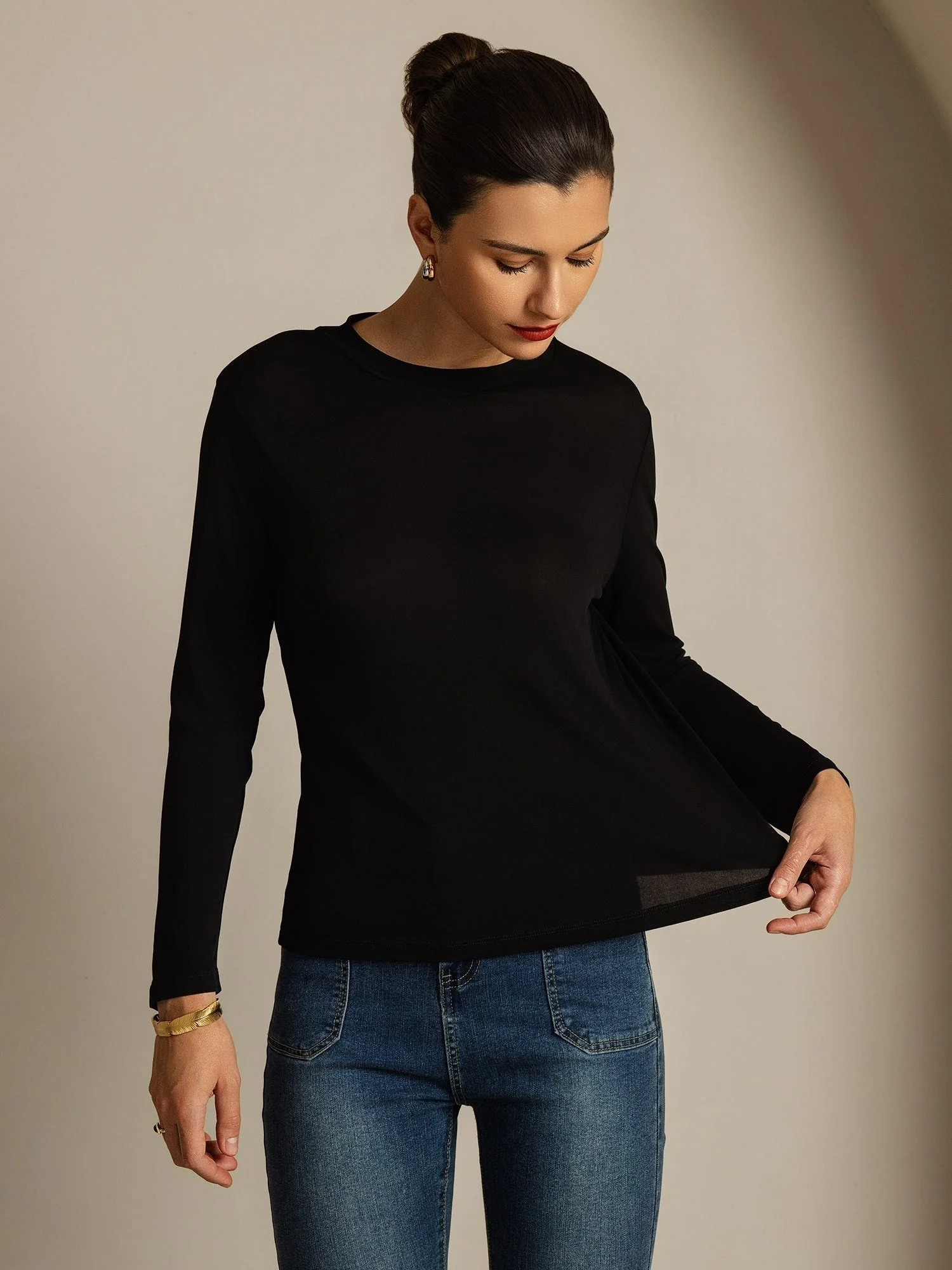 Women's Pure Silk Long Sleeve Round Neck Top - Image 12