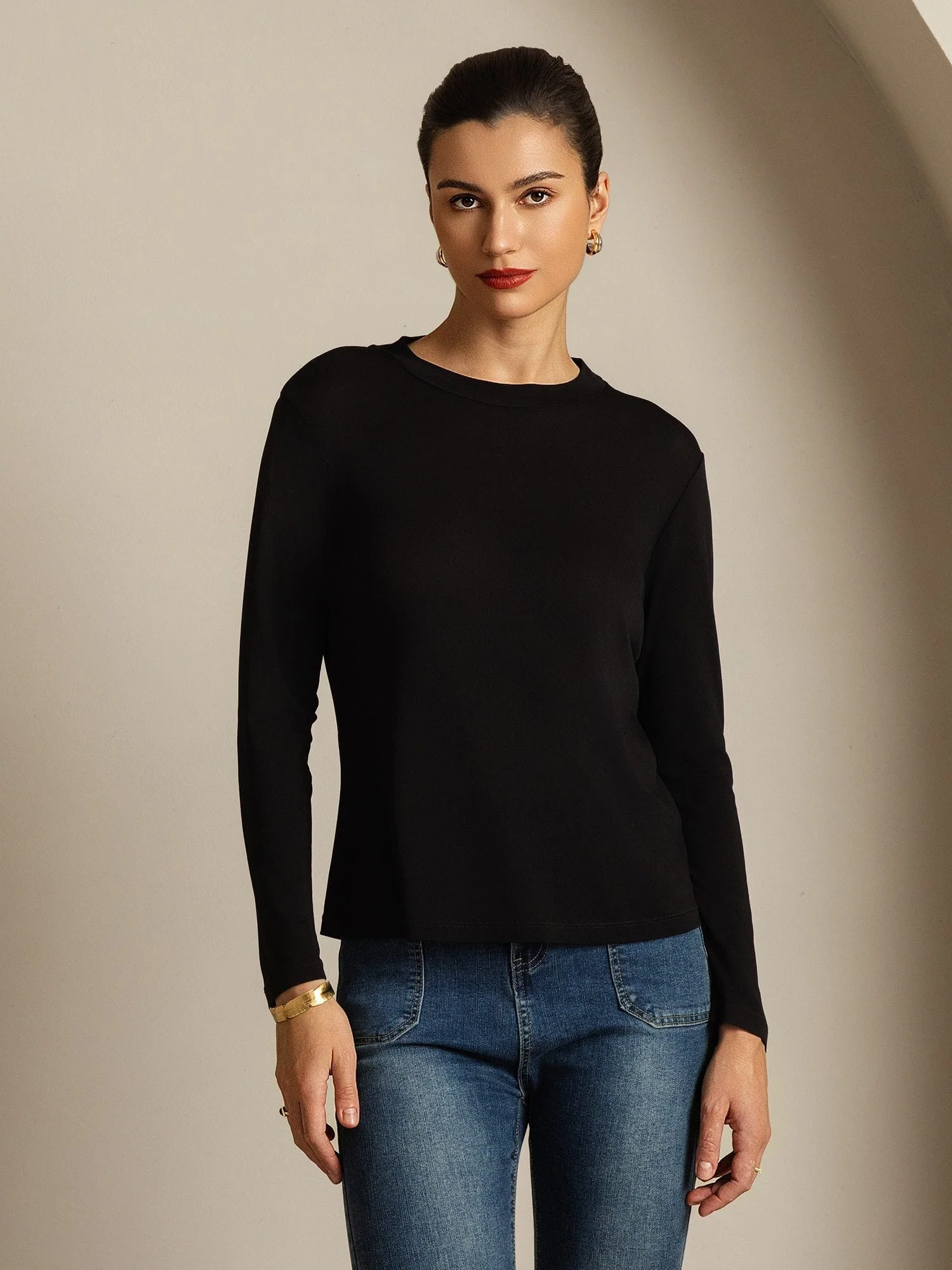 Women's Pure Silk Long Sleeve Round Neck Top - Image 14