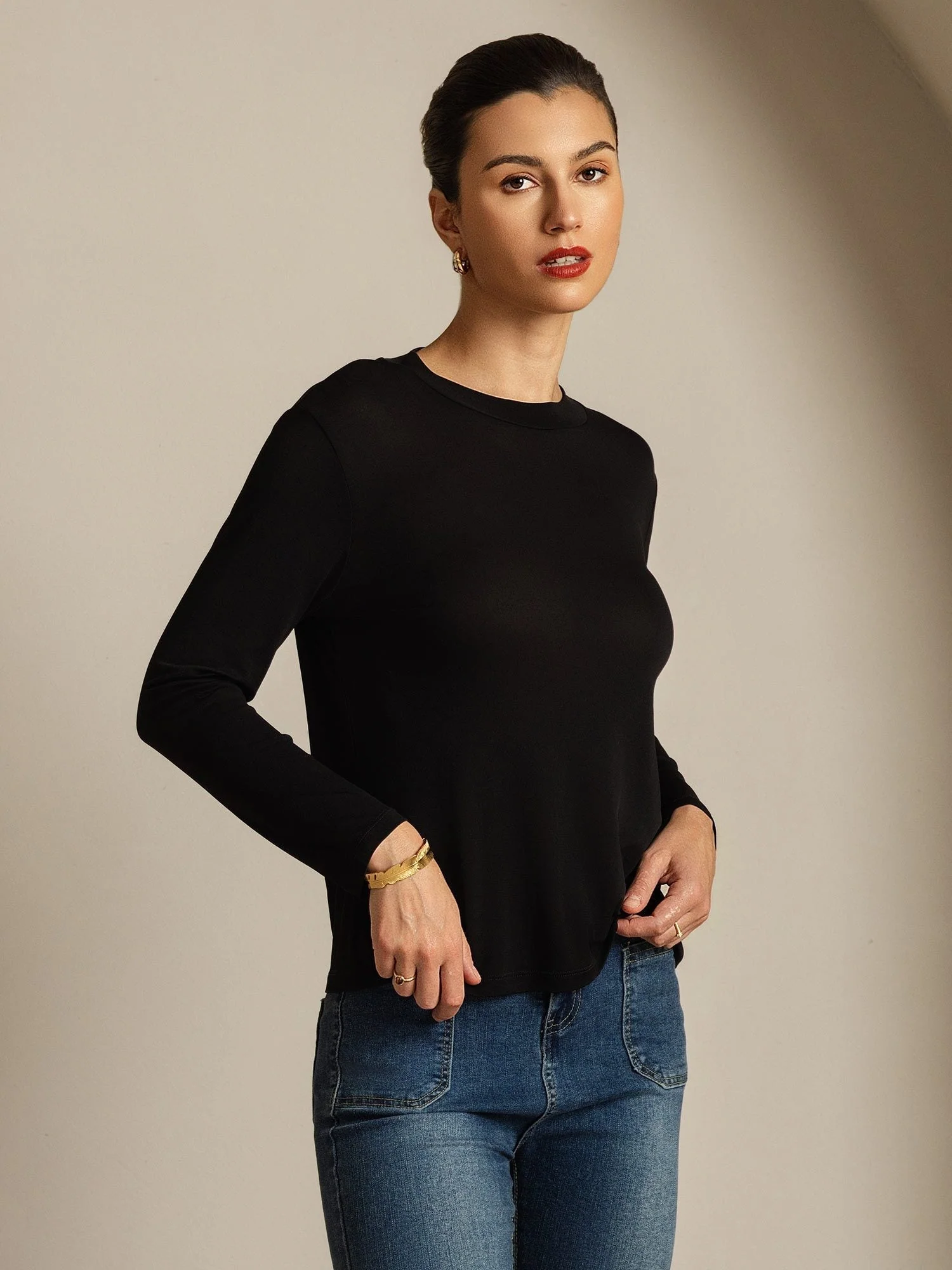 Women's Pure Silk Long Sleeve Round Neck Top - Image 15