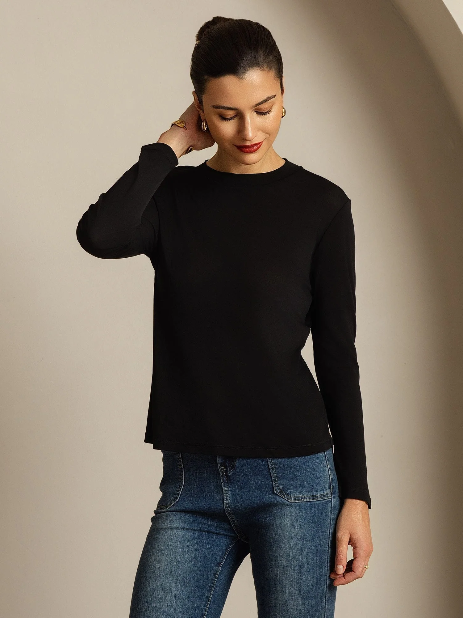 Women's Pure Silk Long Sleeve Round Neck Top - Image 16