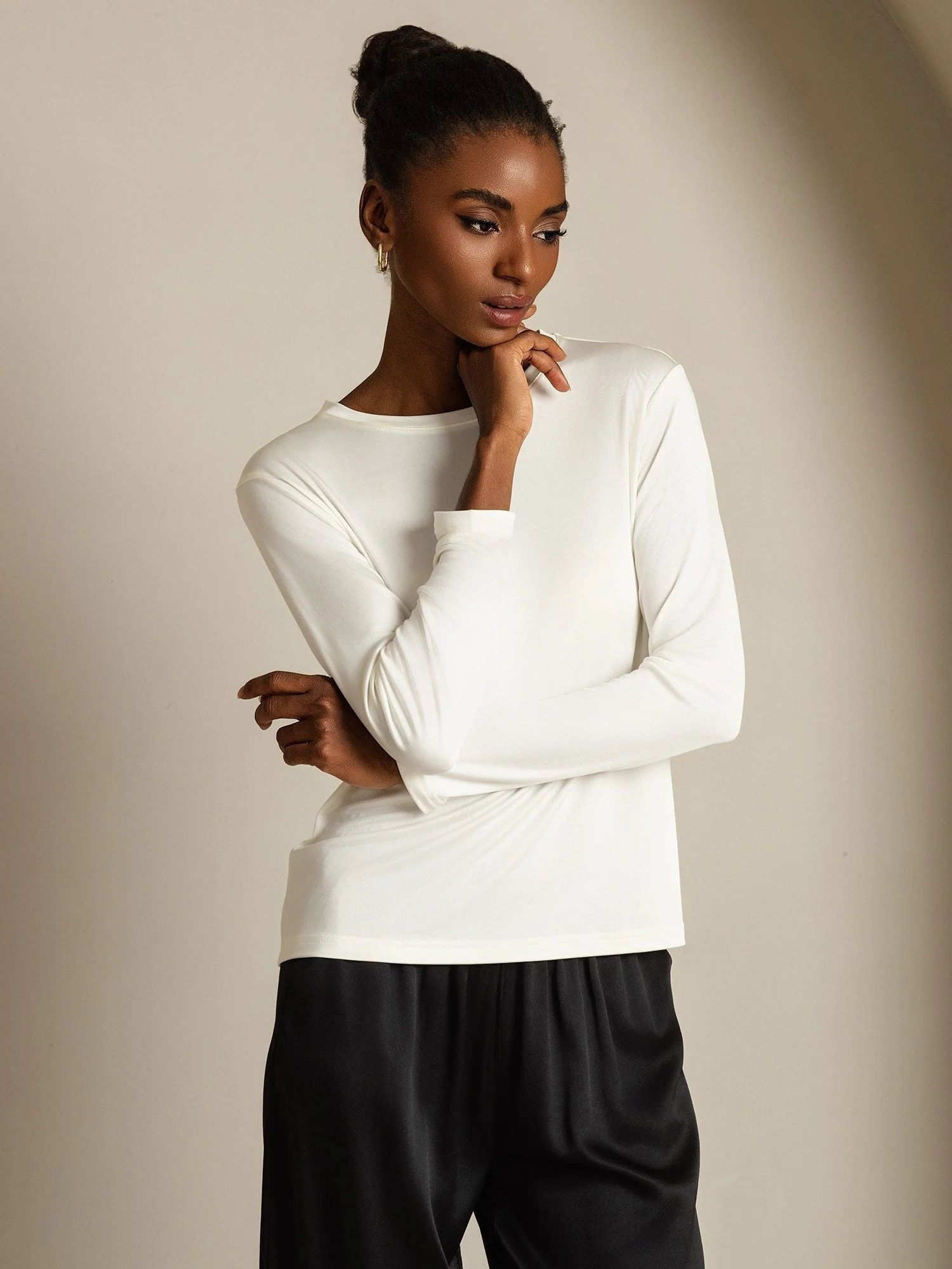 Women's Pure Silk Long Sleeve Round Neck Top - Image 23