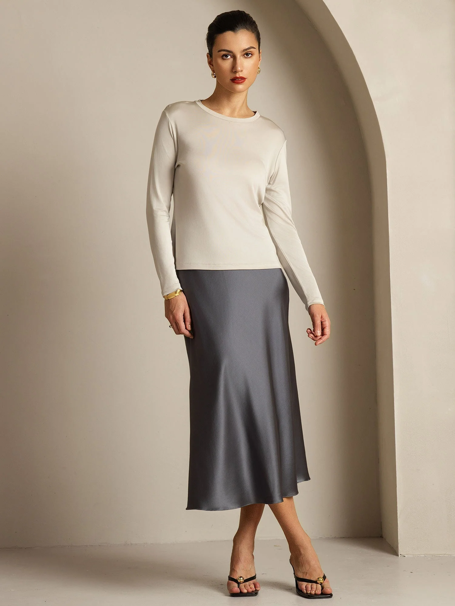 Women's Pure Silk Long Sleeve Round Neck Top - Image 43